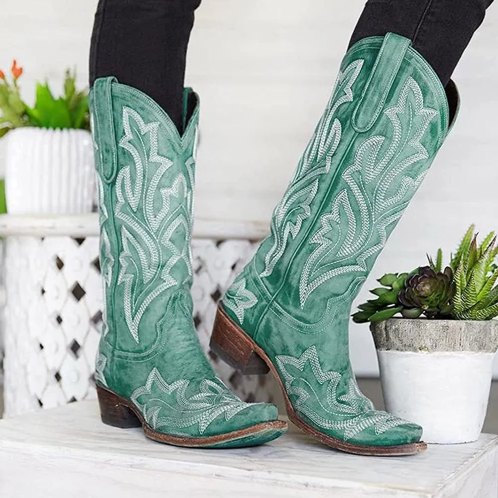Ladmiple Cowboy Boots For Women Wide Calf Low Heel Knee High Seam Block Heel Pointed Toe Fashion Cowgirl Boots Slip-On