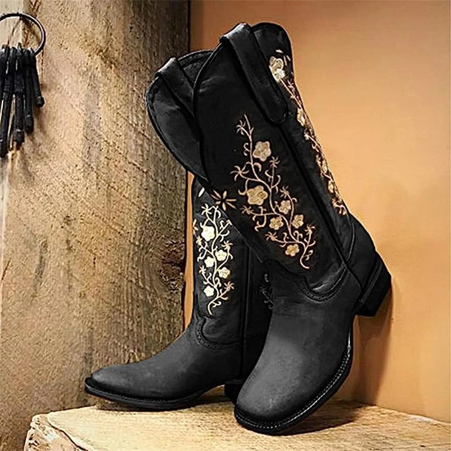 Ladmiple Cowboy Boots For Women Wide Calf Low Heel Pointed Toe Chunky Heel Cowgirl Embroidered Western Boots Pull On