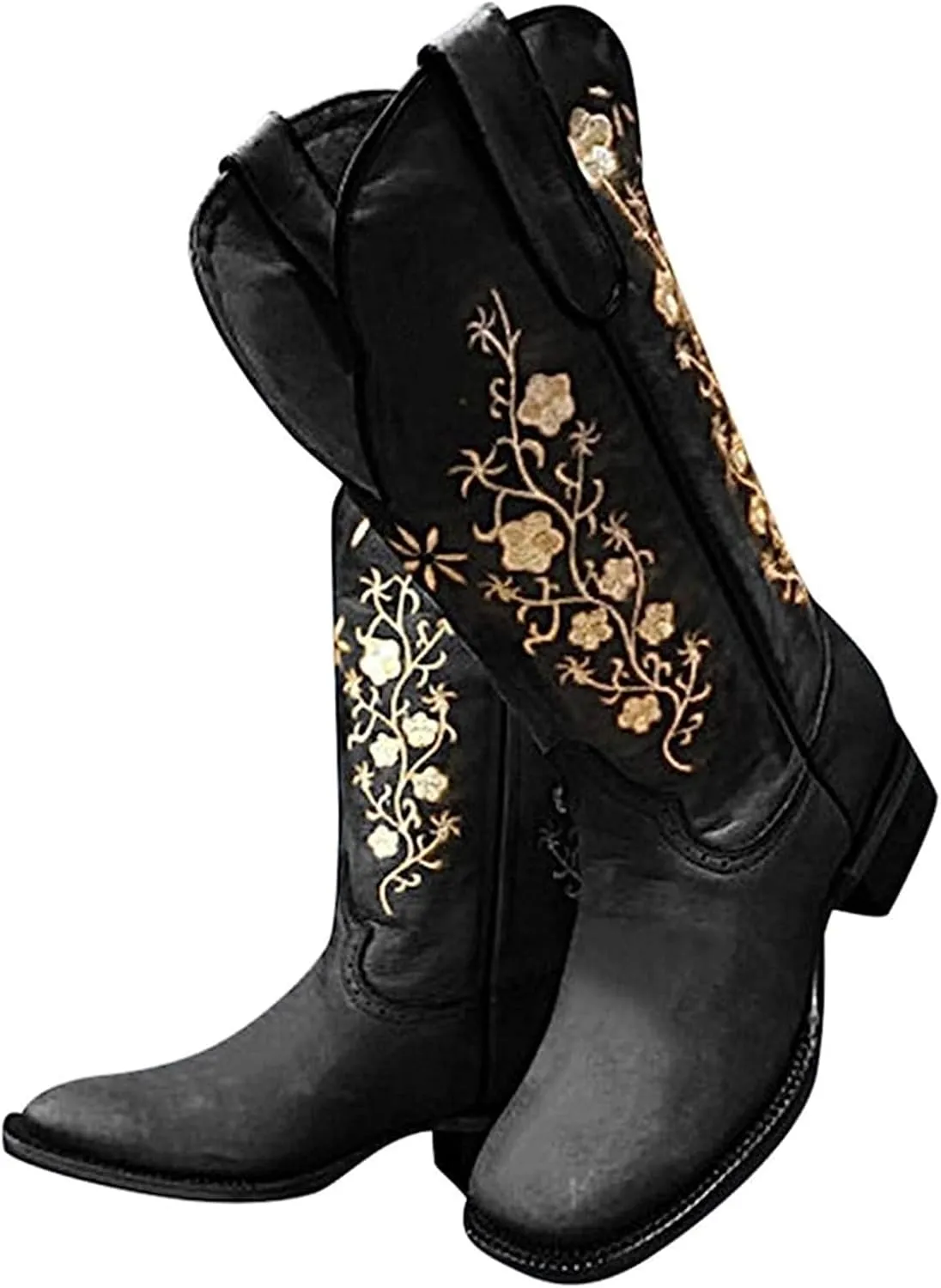 Ladmiple Cowboy Boots For Women Wide Calf Low Heel Pointed Toe Chunky Heel Cowgirl Embroidered Western Boots Pull On