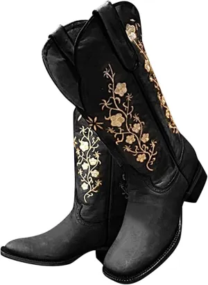 Ladmiple Cowboy Boots For Women Wide Calf Low Heel Pointed Toe Chunky Heel Cowgirl Embroidered Western Boots Pull On