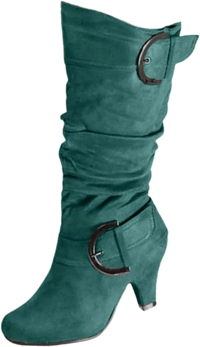 Ladmiple Fall Boots Women Knee High Wide Calf Slouchy Cowboy Cowgirl Boots with Side Zipper Cone Heel Retro Western Boot