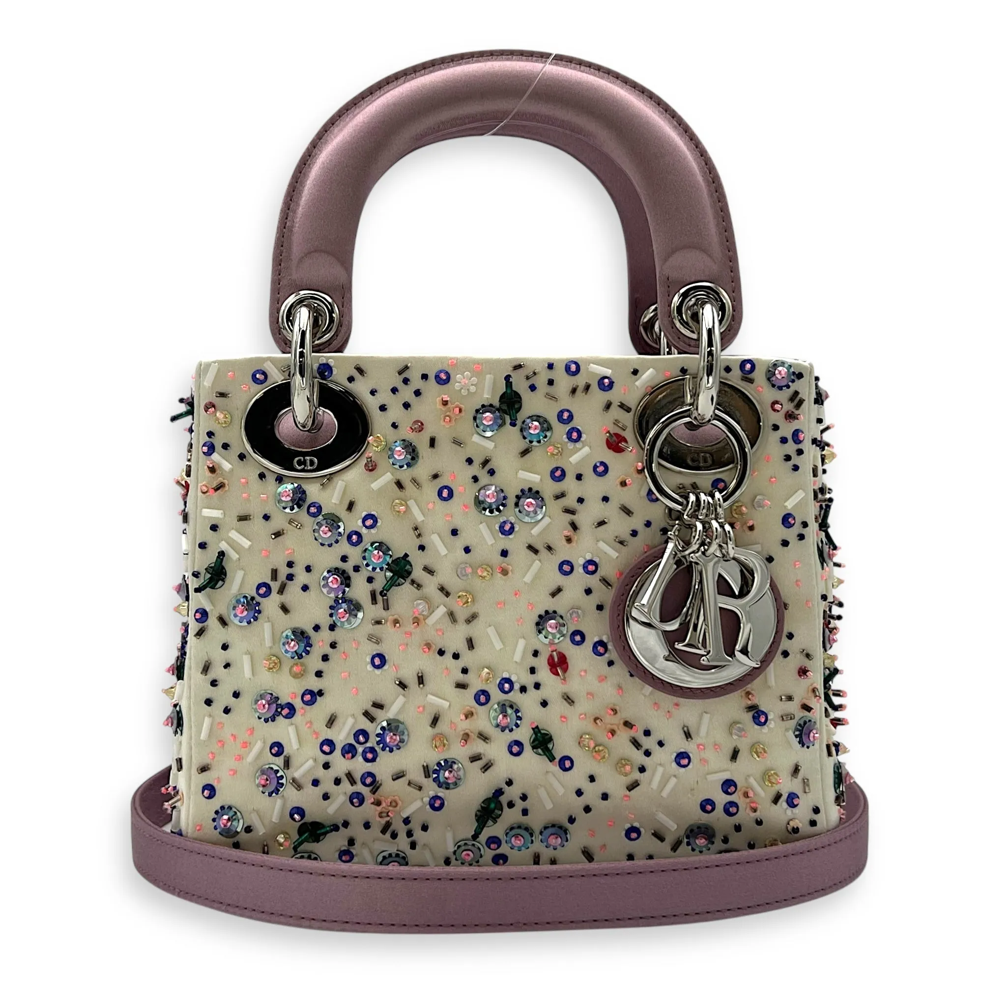 Lady Dior Mini Multi-colour Top Handle Bag in Satin, Silver hardware