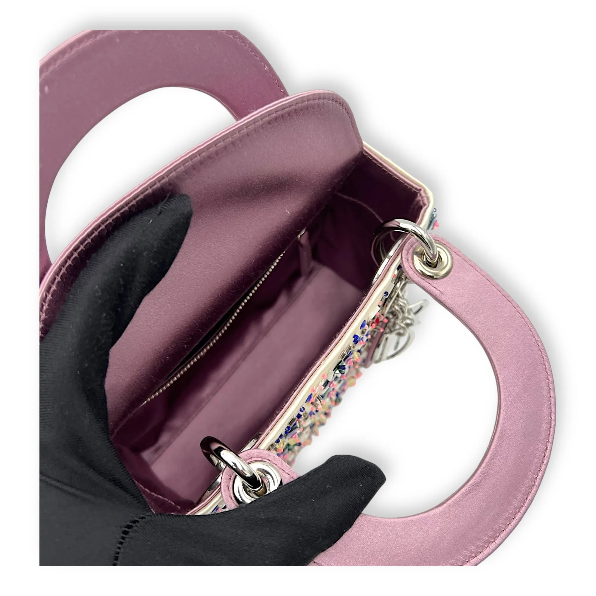 Lady Dior Mini Multi-colour Top Handle Bag in Satin, Silver hardware