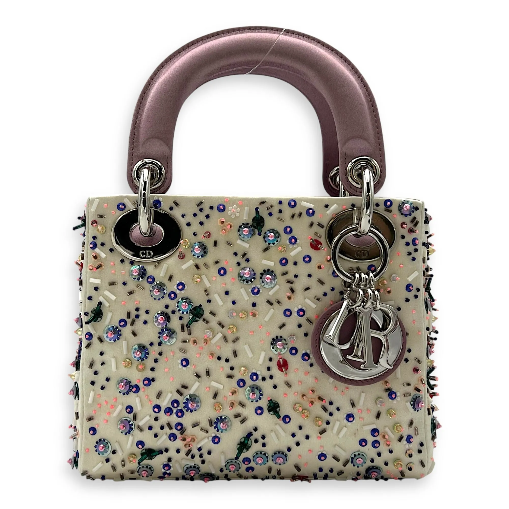 Lady Dior Mini Multi-colour Top Handle Bag in Satin, Silver hardware
