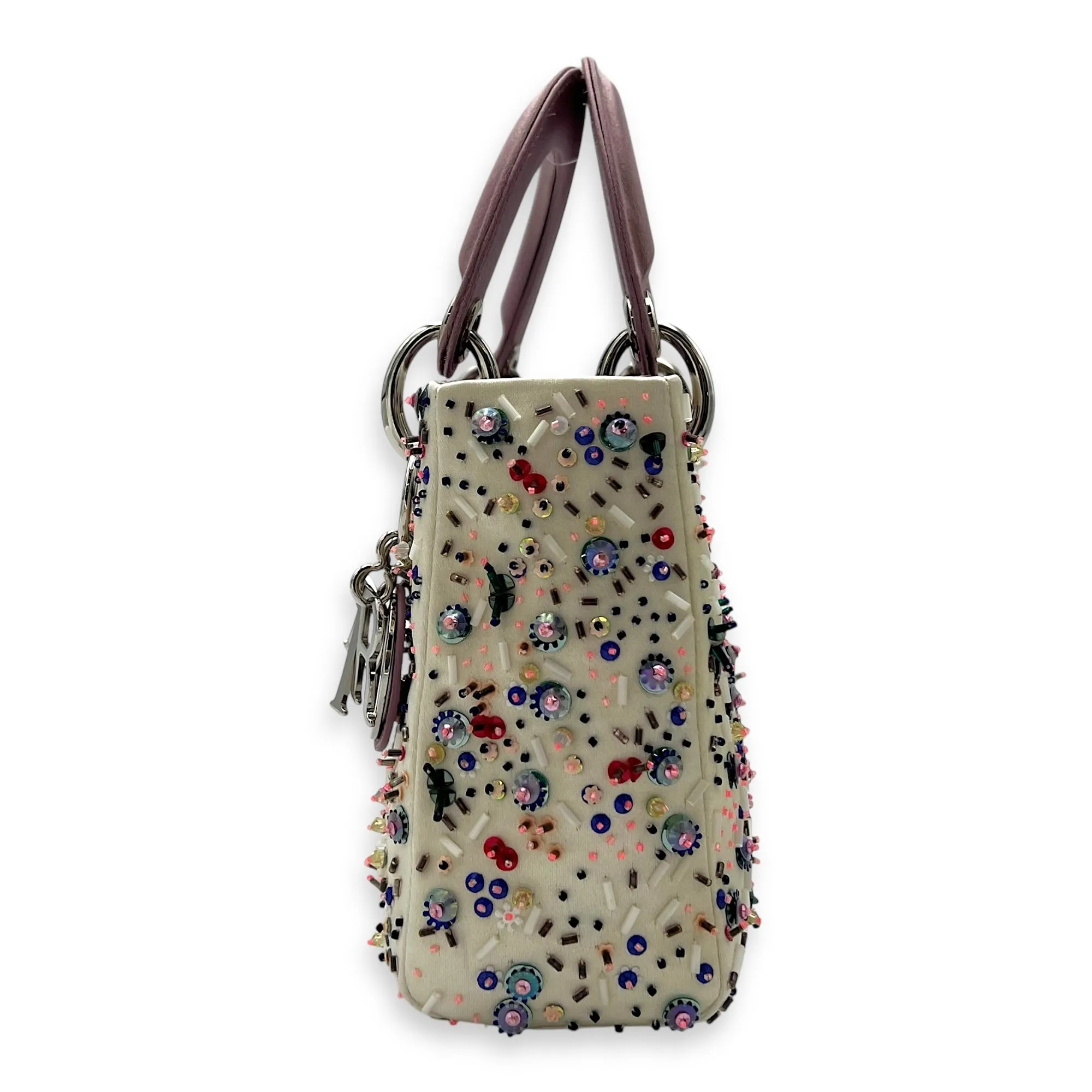 Lady Dior Mini Multi-colour Top Handle Bag in Satin, Silver hardware