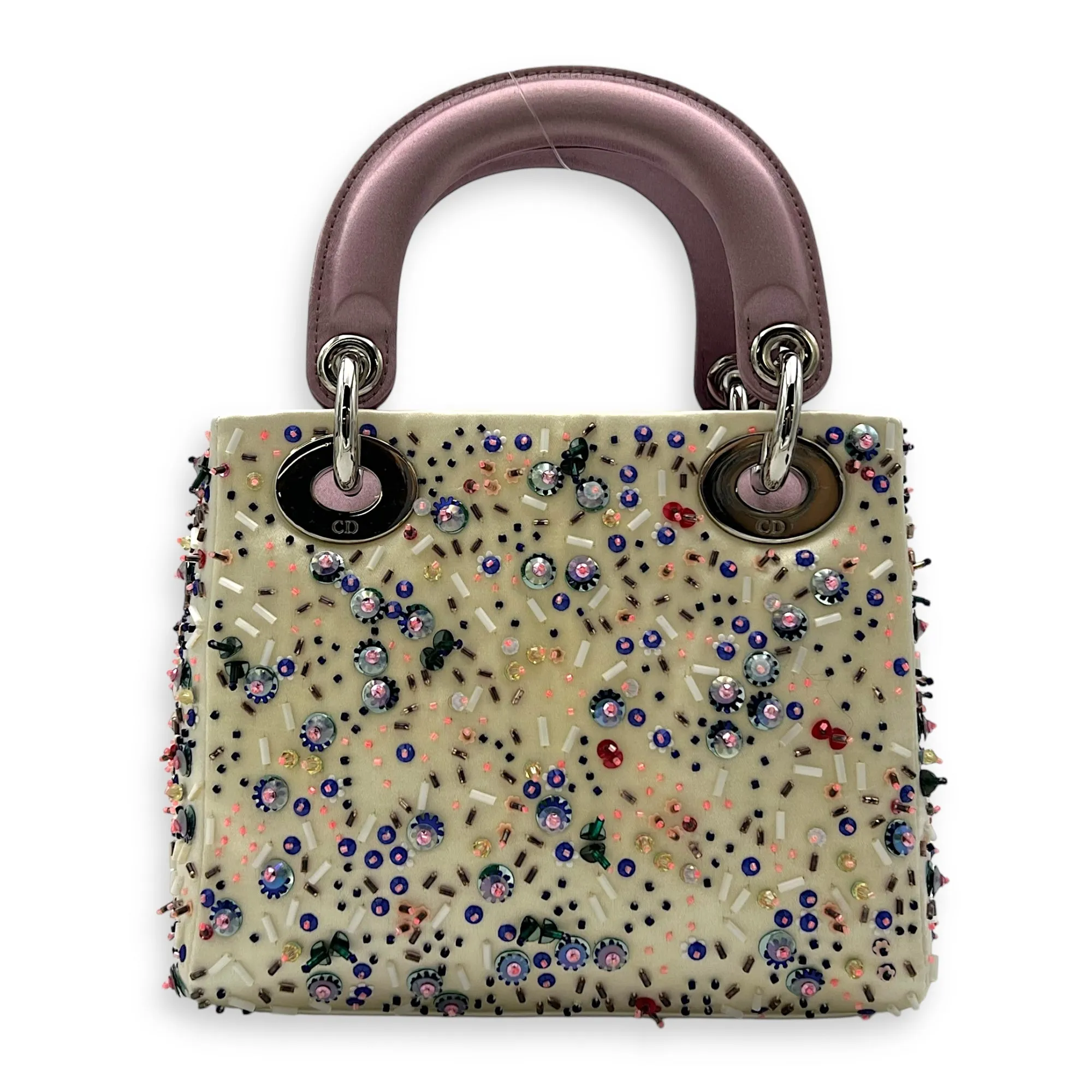 Lady Dior Mini Multi-colour Top Handle Bag in Satin, Silver hardware