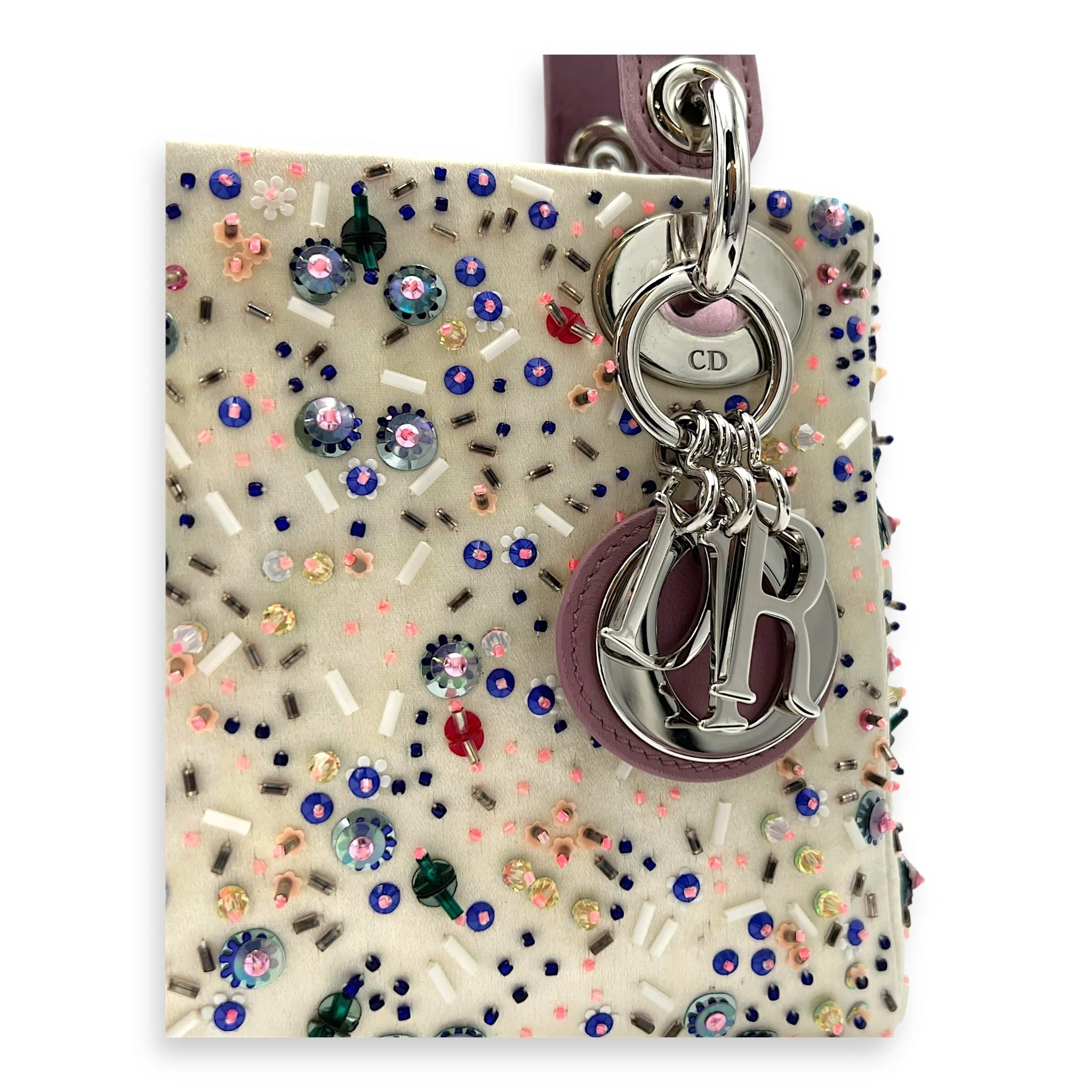 Lady Dior Mini Multi-colour Top Handle Bag in Satin, Silver hardware