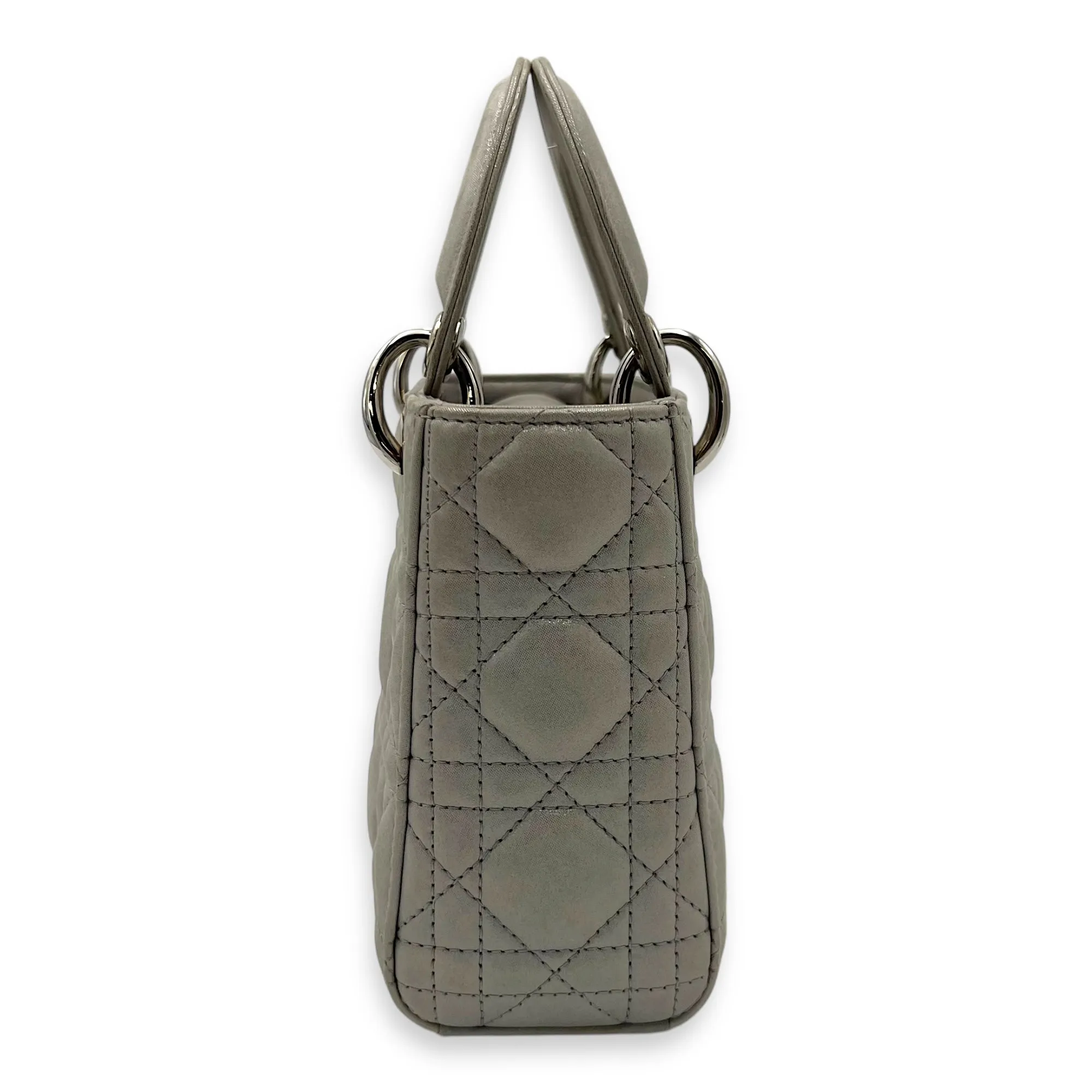 Lady Dior Mini Silver Top Handle Bag in Nubuck Cannage Leather, Silver hardware