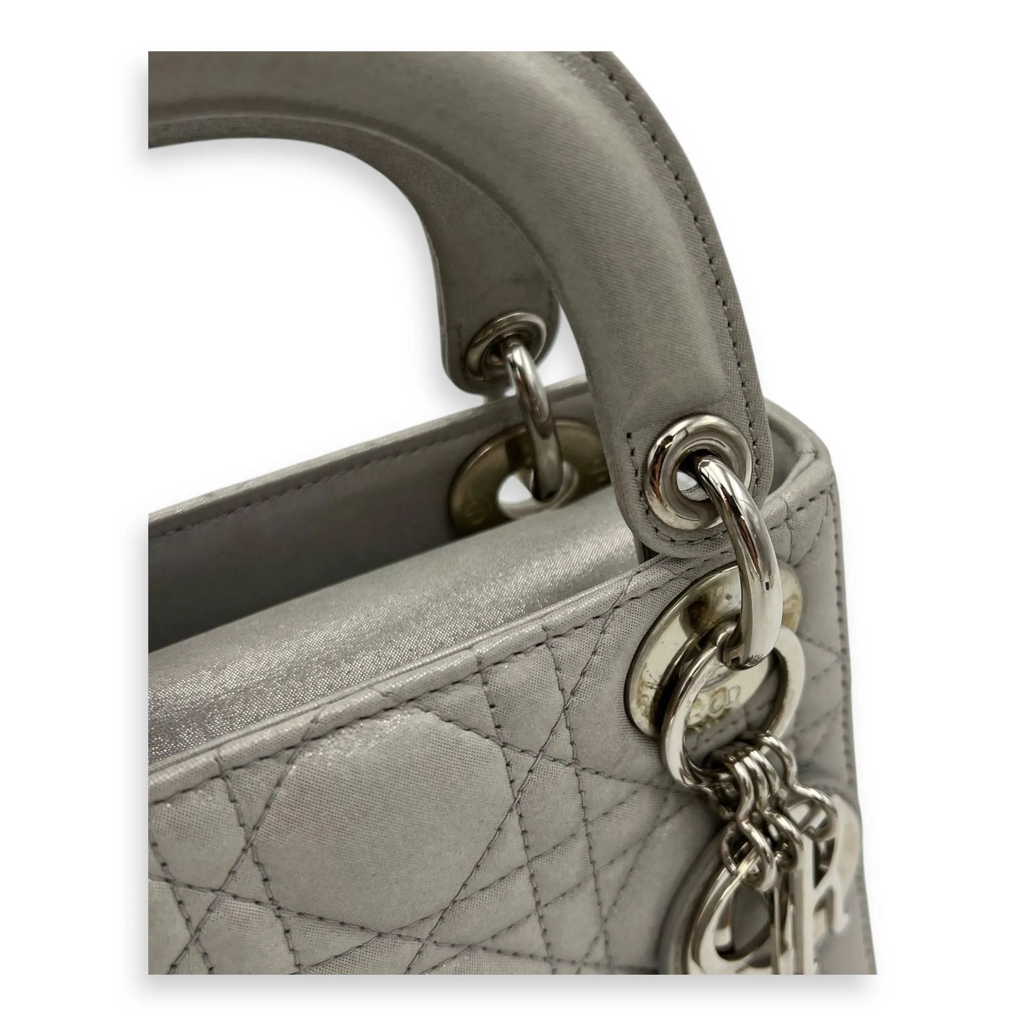 Lady Dior Mini Silver Top Handle Bag in Nubuck Cannage Leather, Silver hardware