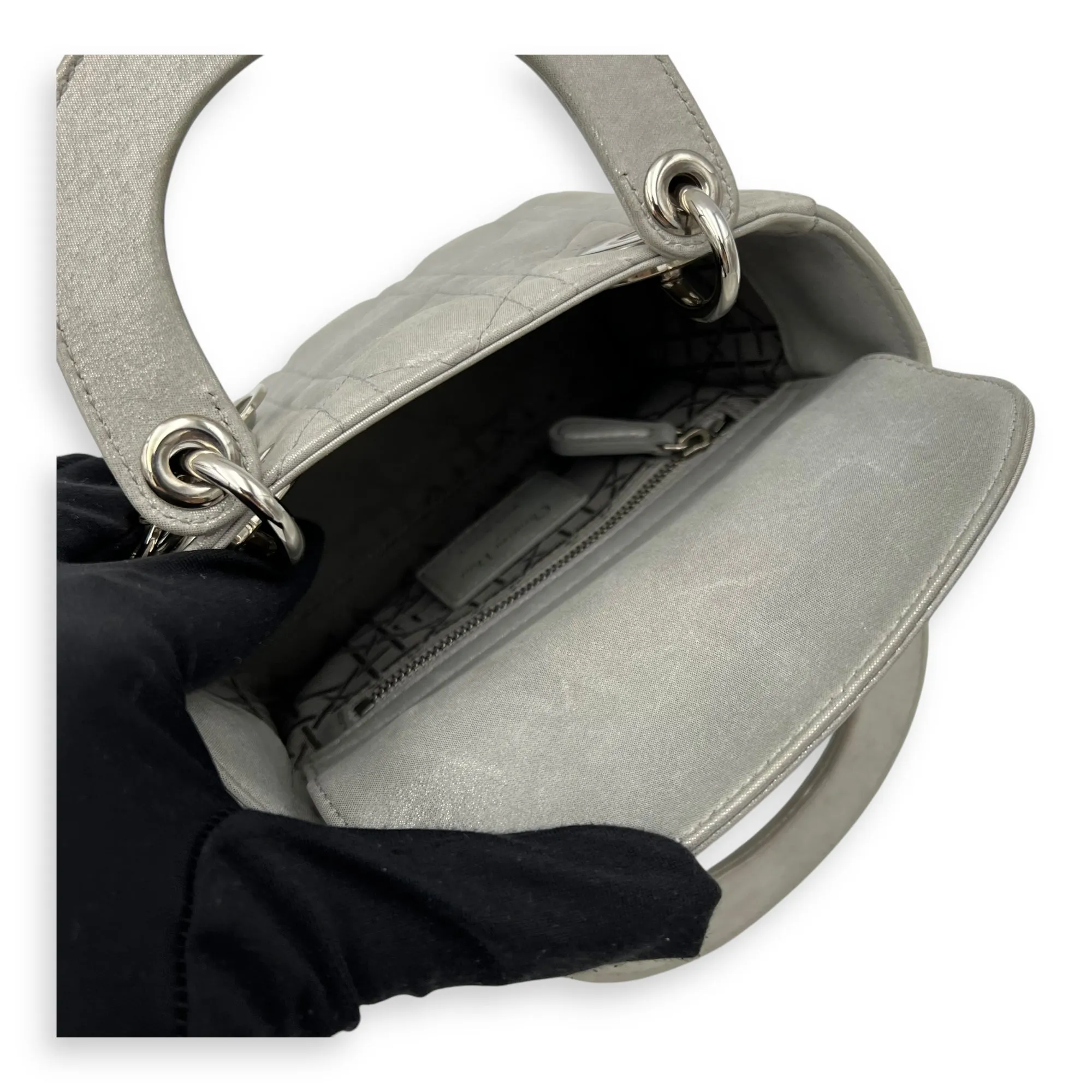 Lady Dior Mini Silver Top Handle Bag in Nubuck Cannage Leather, Silver hardware