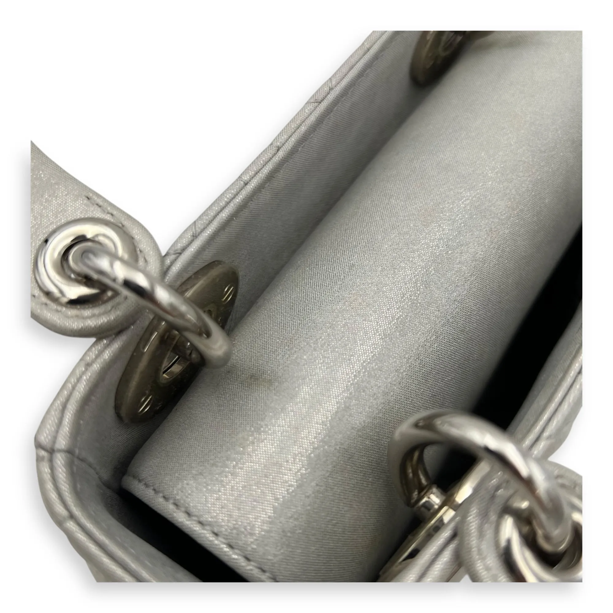 Lady Dior Mini Silver Top Handle Bag in Nubuck Cannage Leather, Silver hardware