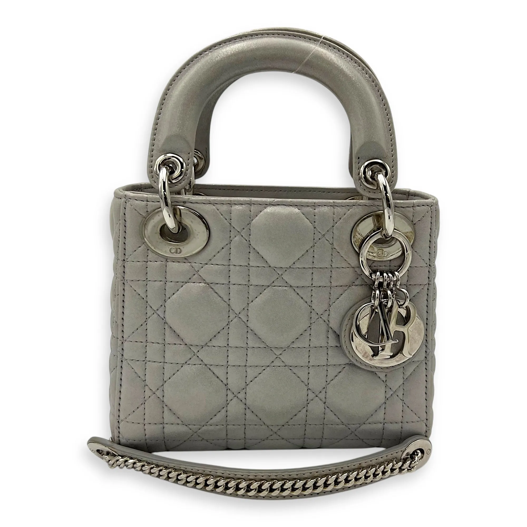 Lady Dior Mini Silver Top Handle Bag in Nubuck Cannage Leather, Silver hardware