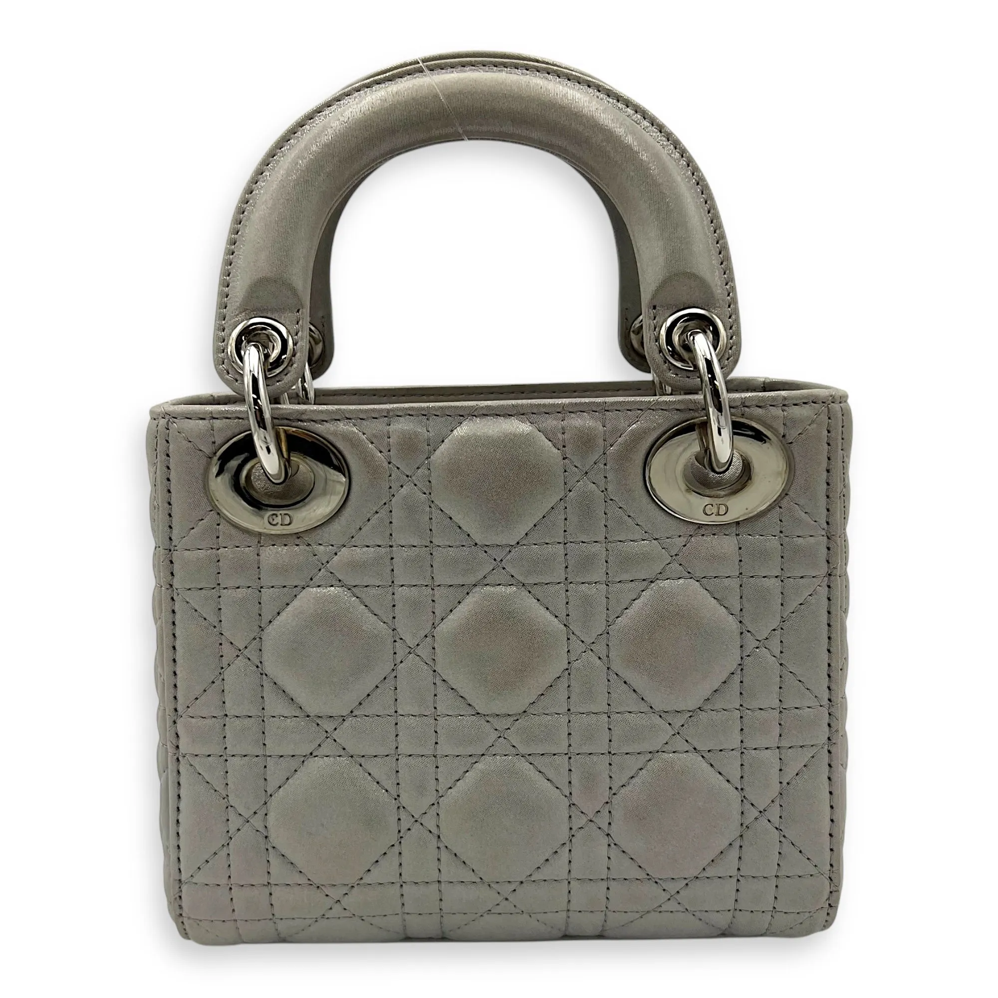 Lady Dior Mini Silver Top Handle Bag in Nubuck Cannage Leather, Silver hardware