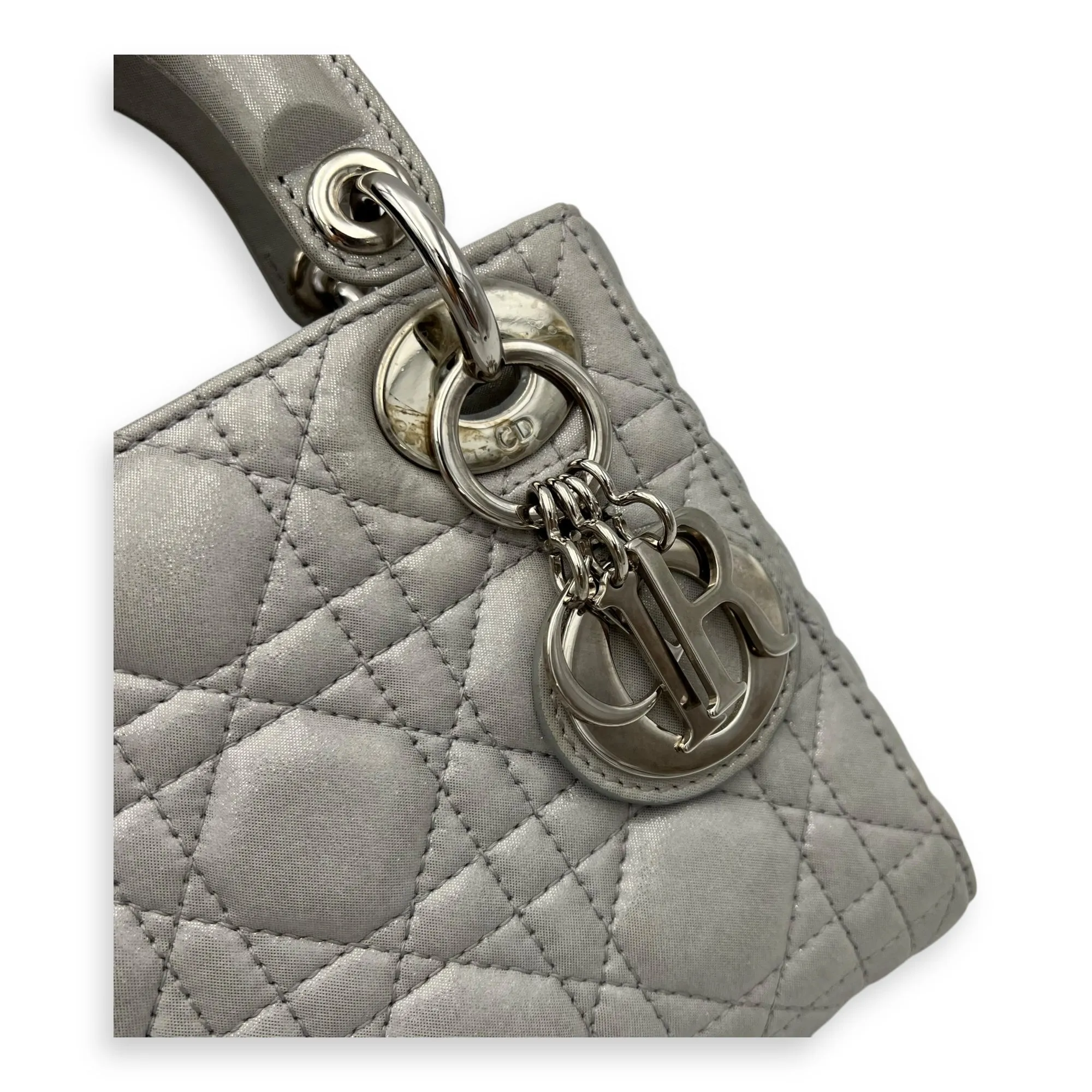 Lady Dior Mini Silver Top Handle Bag in Nubuck Cannage Leather, Silver hardware