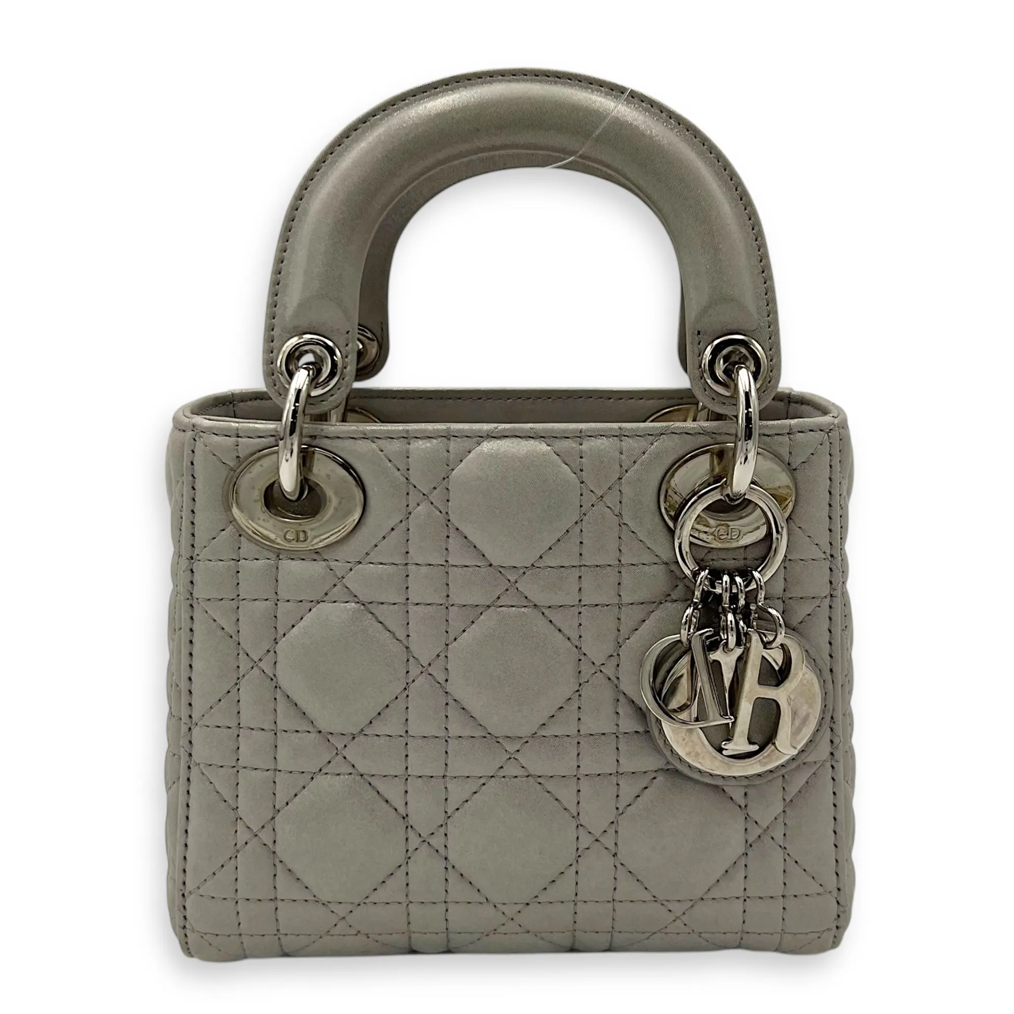 Lady Dior Mini Silver Top Handle Bag in Nubuck Cannage Leather, Silver hardware