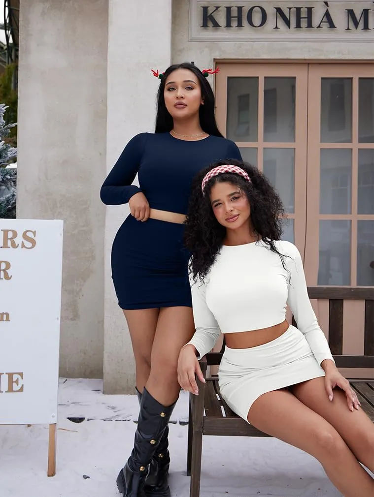 LAGSHIAN Women Sexy 2 Piece Outfits Long Sleeve Crop Top Bodycon Mini Skirt Club Suits Dress
