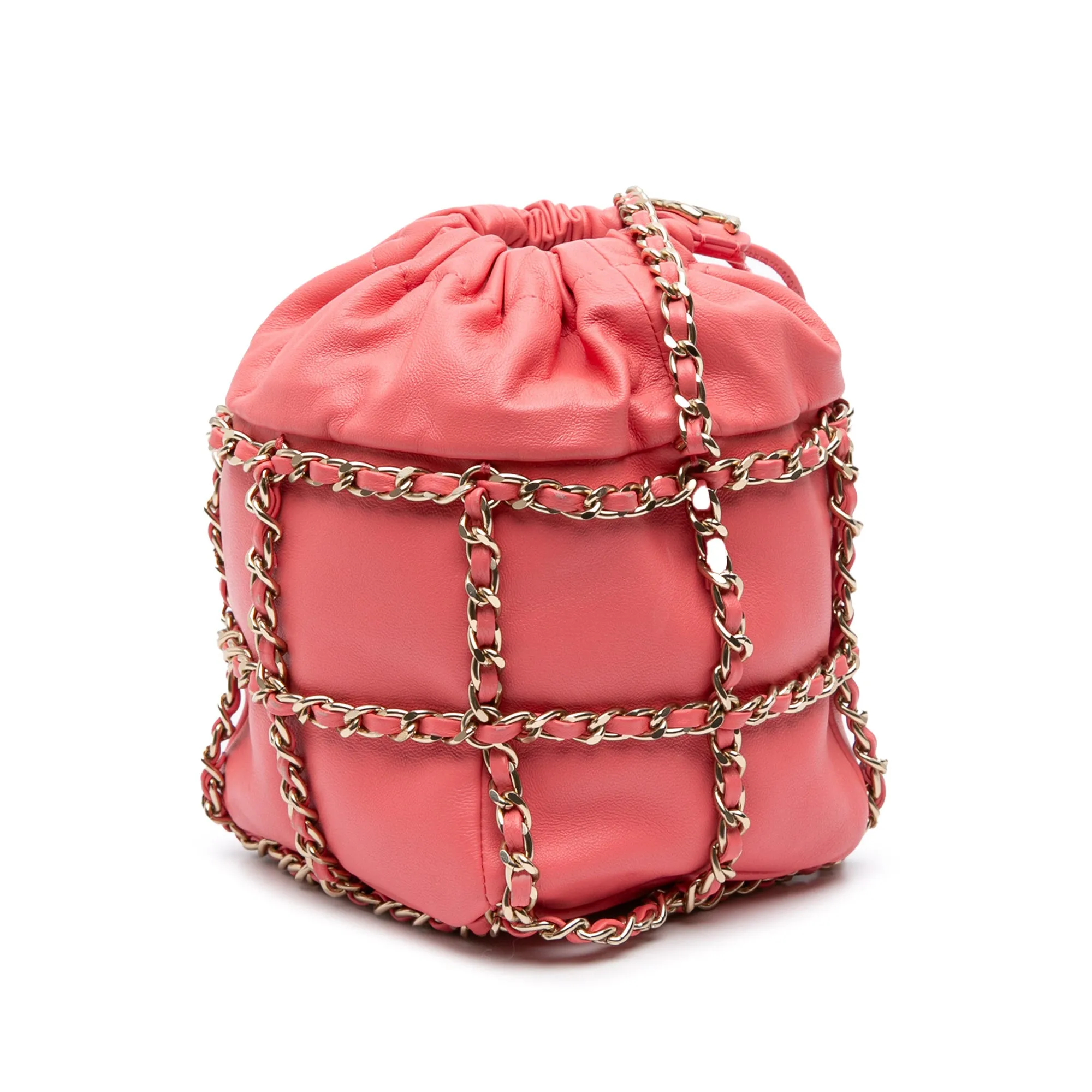 Lambskin CC Chain Frame Drawstring Bucket Bag