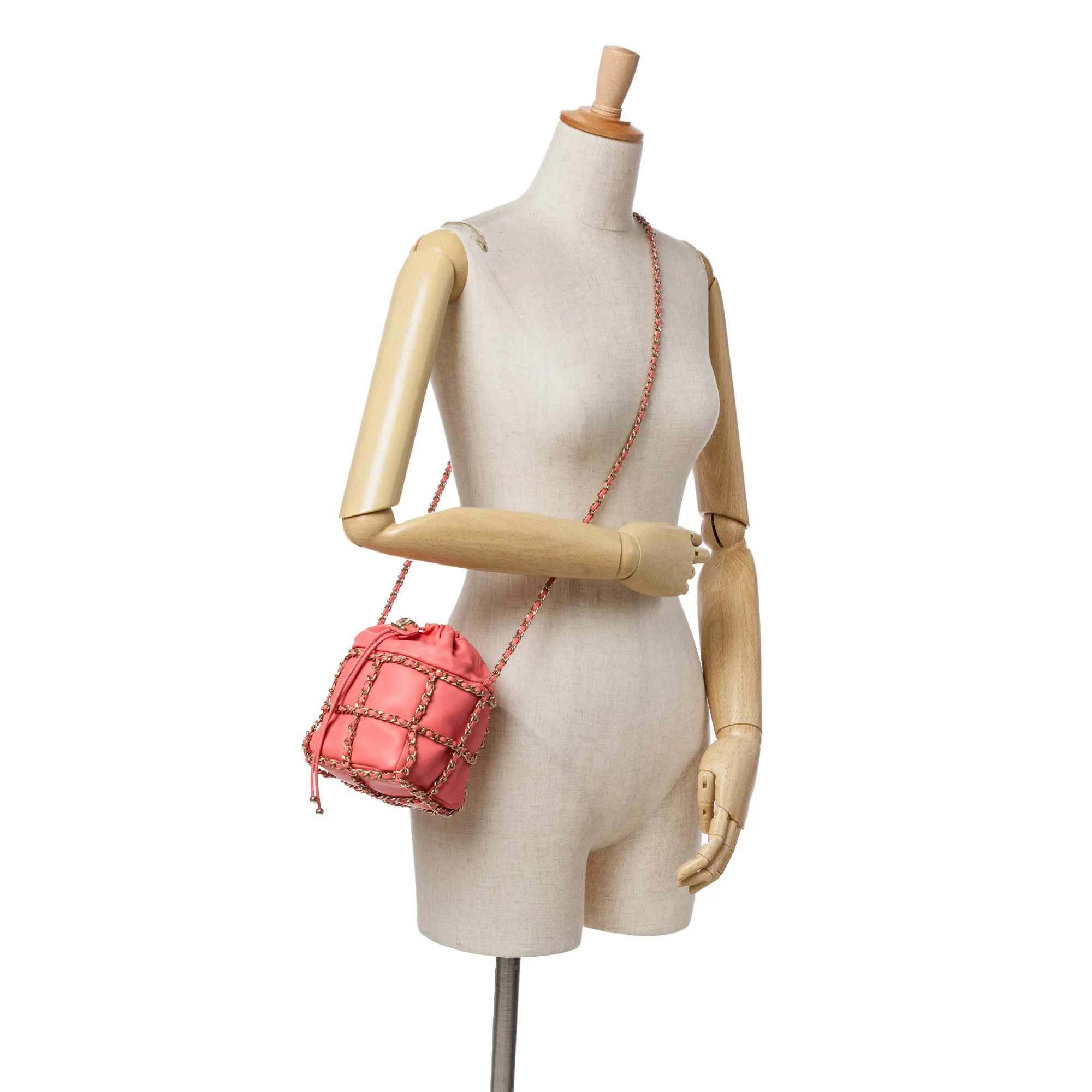 Lambskin CC Chain Frame Drawstring Bucket Bag