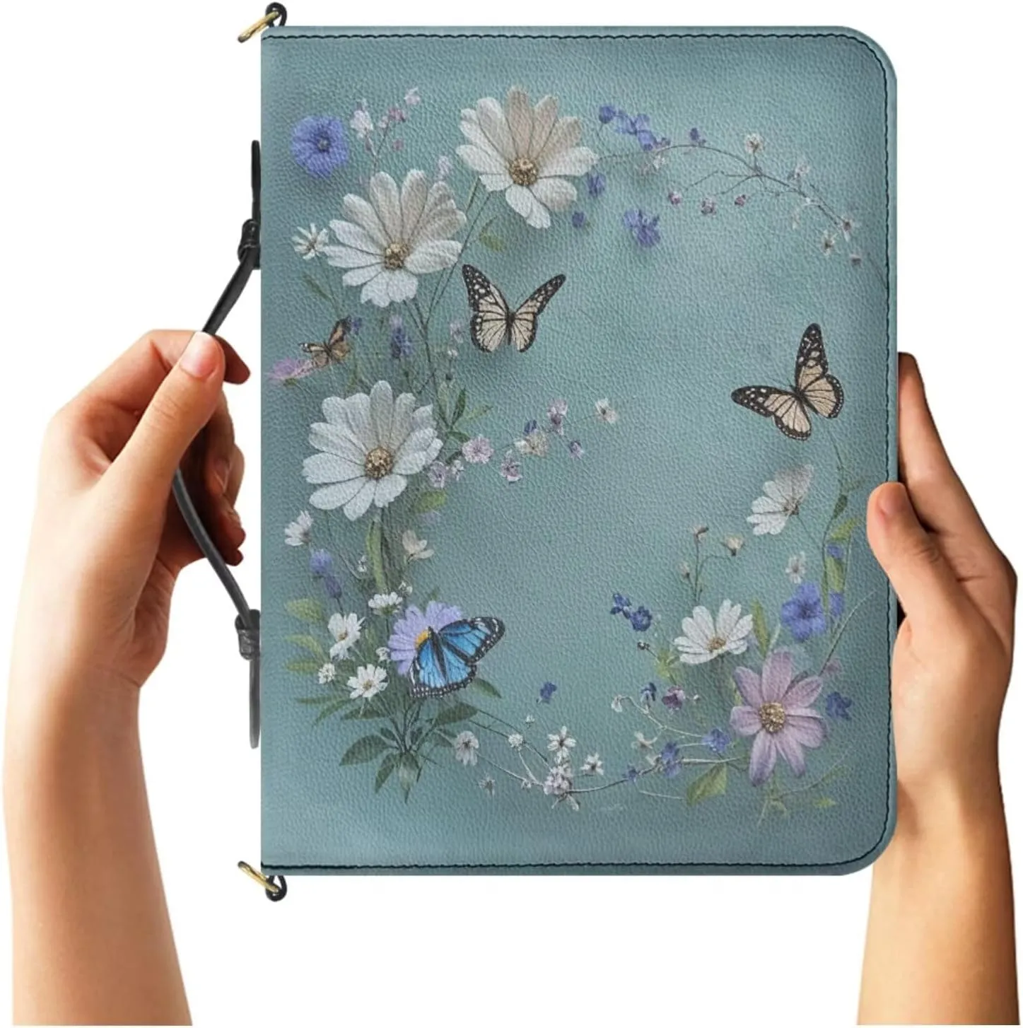 Large Bible Carrying Case for Women, Blue Bible Cover with Strap and Handle, Butterflies and Daisies Print PU Leather Bible Organizer with Inner Pockets and Pen Loop, Church Bags for Women