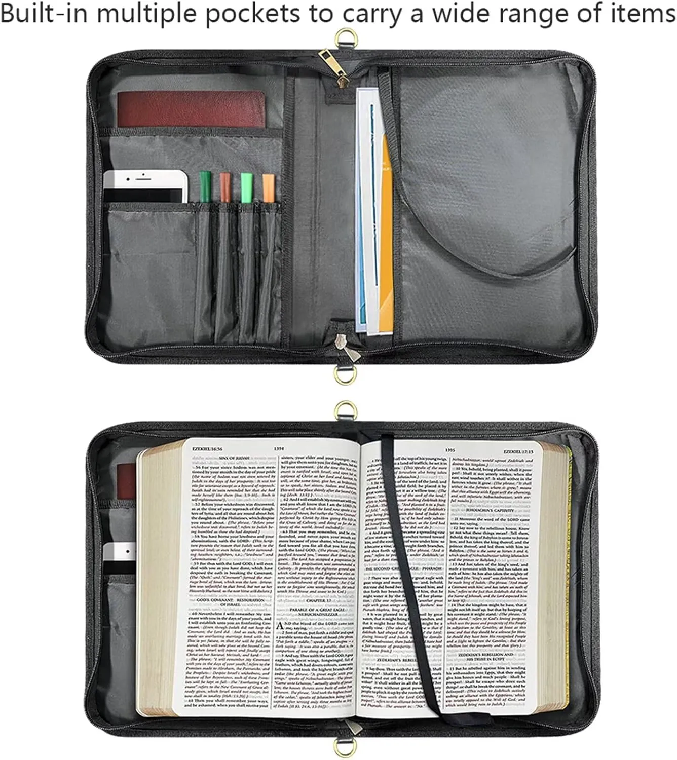 Large Bible Carrying Case for Women, Blue Bible Cover with Strap and Handle, Butterflies and Daisies Print PU Leather Bible Organizer with Inner Pockets and Pen Loop, Church Bags for Women