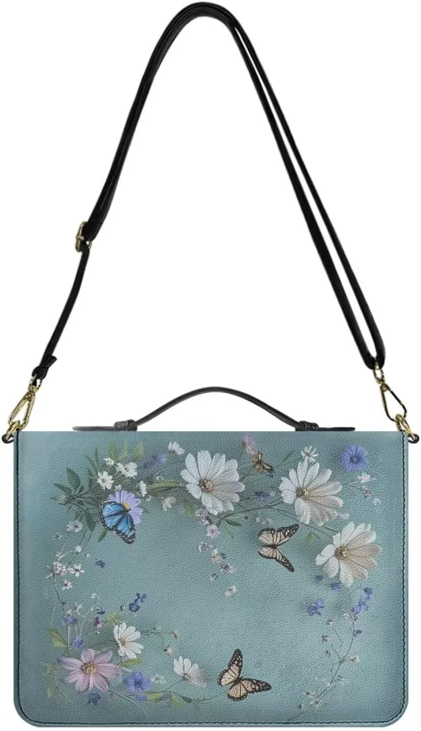 Large Bible Carrying Case for Women, Blue Bible Cover with Strap and Handle, Butterflies and Daisies Print PU Leather Bible Organizer with Inner Pockets and Pen Loop, Church Bags for Women