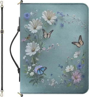 Large Bible Carrying Case for Women, Blue Bible Cover with Strap and Handle, Butterflies and Daisies Print PU Leather Bible Organizer with Inner Pockets and Pen Loop, Church Bags for Women