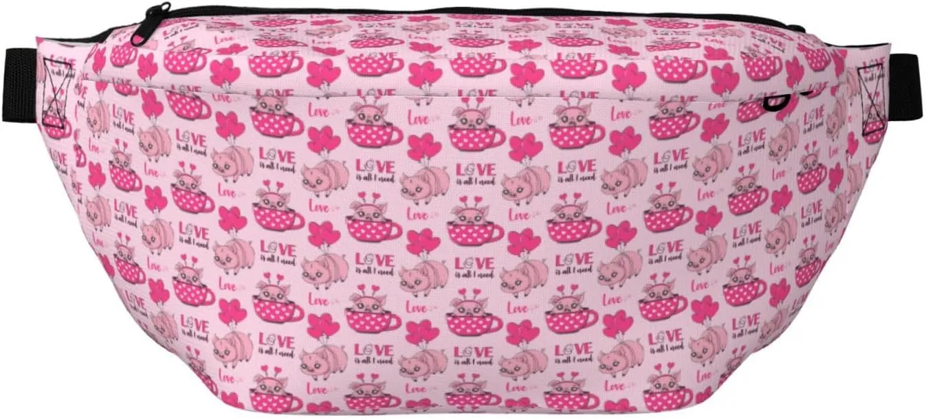 Large Fanny Packs for Women Men Cross Body - Cute Pig With Tea Cup Balloon Travel Crossbody Bags for Women Trendy, Waist Bag for WomenBelt Bag for Women Men Crossbody With Adjustable Strap