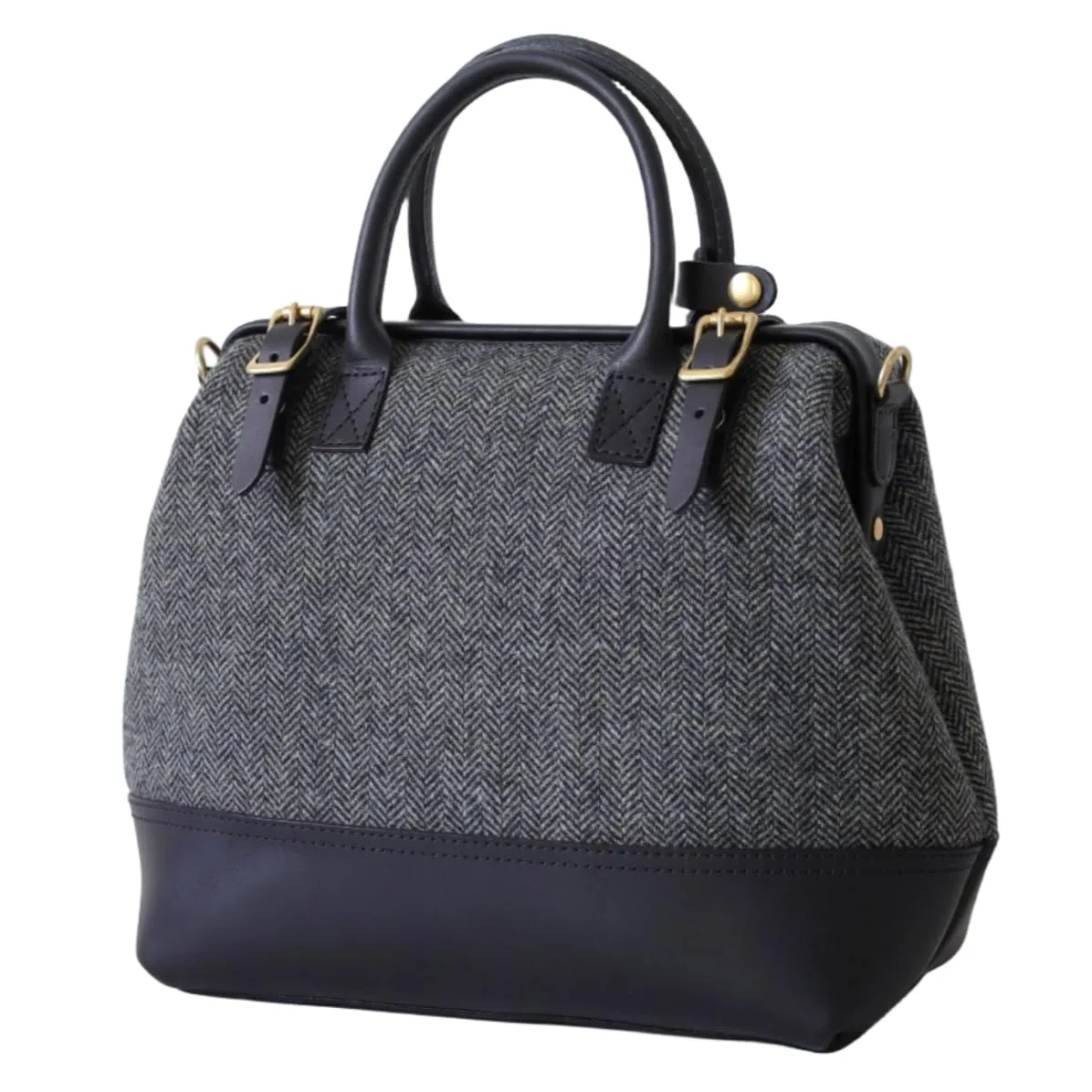 Large Harris Tweed Lady's Wool Leather Doctor Bag Women Crossbody Bag, Top Handle Bag, Long Strap Purse, Shoulder Bag (black)