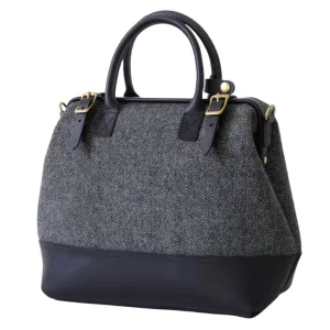 Large Harris Tweed Lady's Wool Leather Doctor Bag Women Crossbody Bag, Top Handle Bag, Long Strap Purse, Shoulder Bag (black)