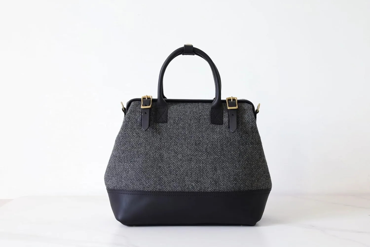 Large Harris Tweed Lady's Wool Leather Doctor Bag Women Crossbody Bag, Top Handle Bag, Long Strap Purse, Shoulder Bag (black)
