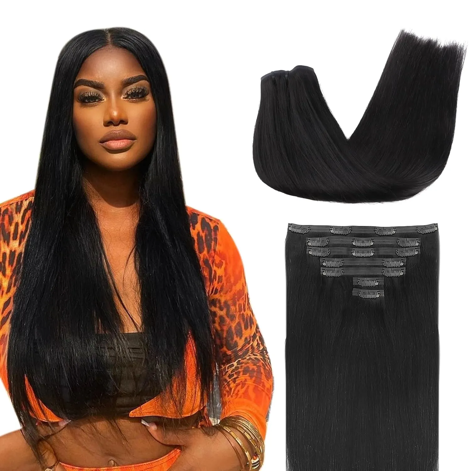 Lashey Clip in Hair Extensions Real Human Hair Extensions, 110g #1 Jet Black Seamless Clip in Hair 18 Inch 7pcs for Black Women Soft Silky PU Clip in Remy Human Hair Extensions