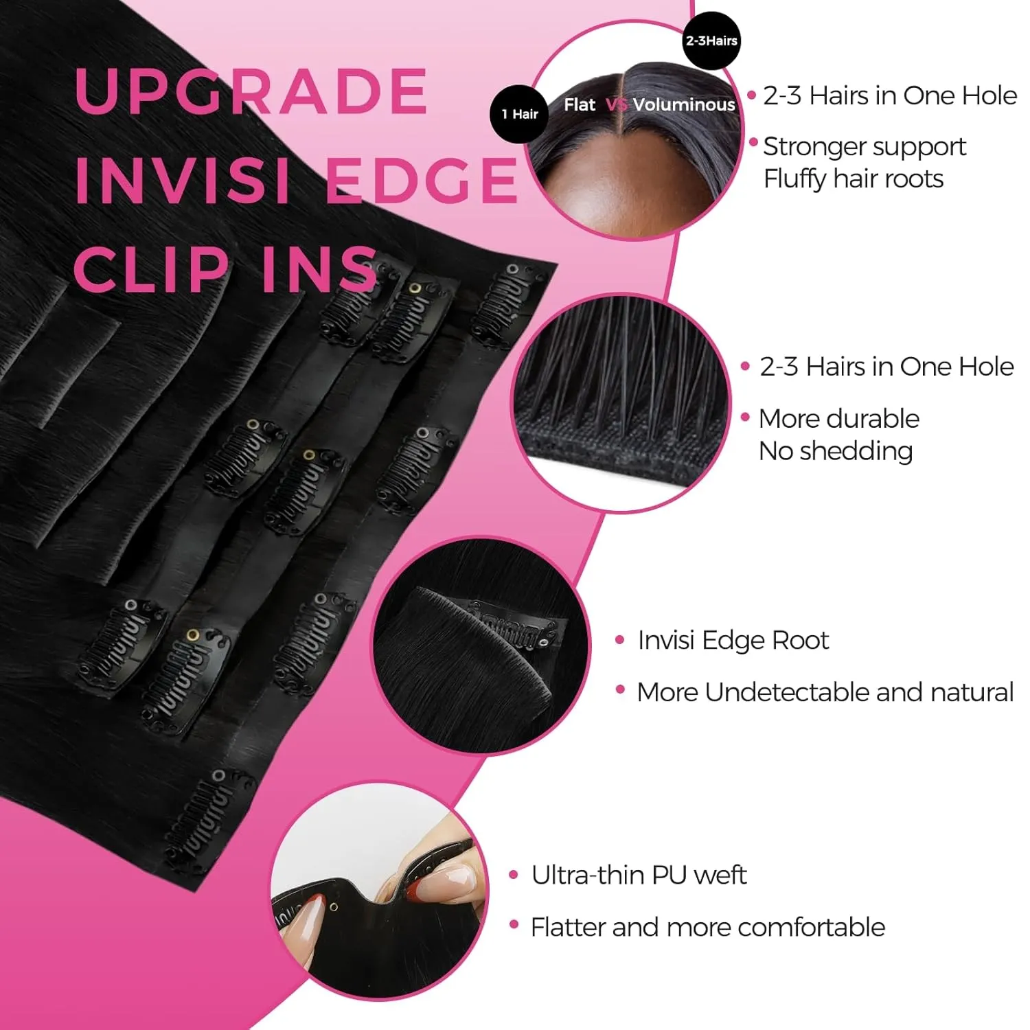 Lashey Invisi Edge Clip in Hair Extensions 14 Inch 110g 7pcs Injected Seamless PU Clip in Hair Extensions Virgin Human Hair, #1 Jet Black Straight Hair