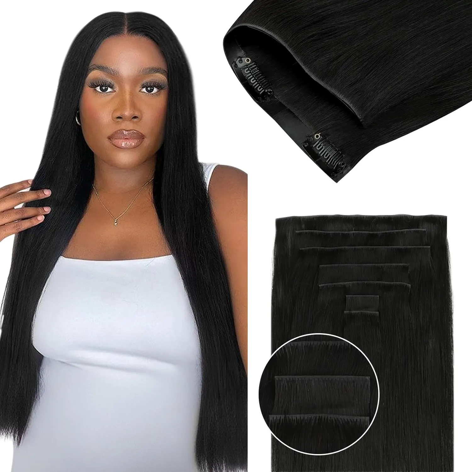 Lashey Invisi Edge Clip in Hair Extensions 14 Inch 110g 7pcs Injected Seamless PU Clip in Hair Extensions Virgin Human Hair, #1 Jet Black Straight Hair