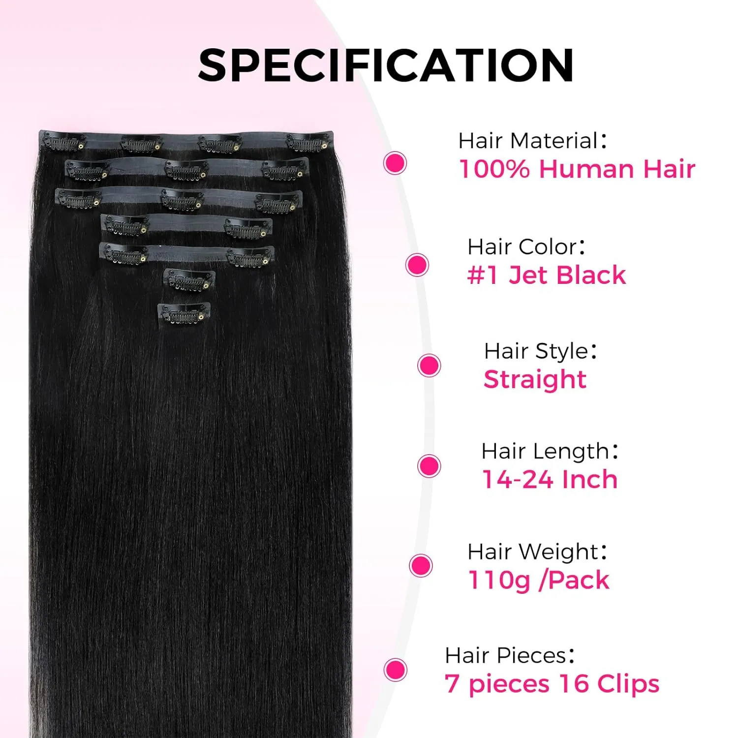 Lashey Invisi Edge Clip in Hair Extensions 14 Inch 110g 7pcs Injected Seamless PU Clip in Hair Extensions Virgin Human Hair, #1 Jet Black Straight Hair