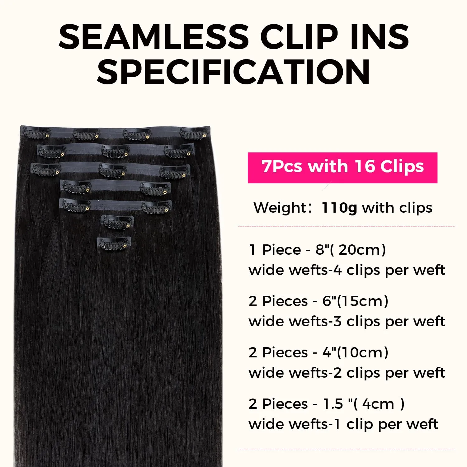 Lashey Seamless Clip in Hair Extensions Human Hair #1 Jet Black Light Yaki Straight Clip in Hair Extensions Real Human Hair 7pcs 110g 14 Inch PU Weft Natural Hair Extensions for Women
