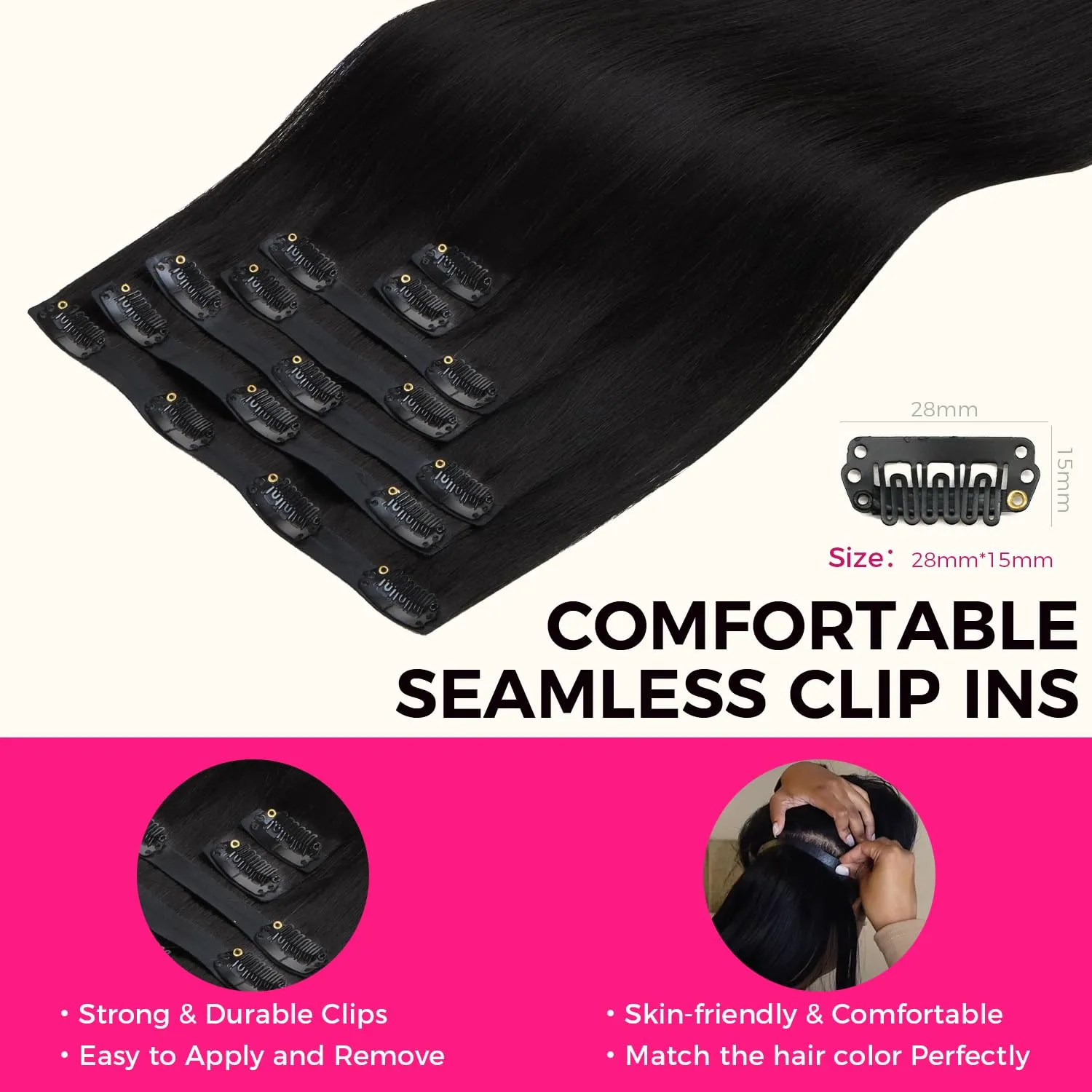 Lashey Seamless Clip in Hair Extensions Human Hair #1 Jet Black Light Yaki Straight Clip in Hair Extensions Real Human Hair 7pcs 110g 14 Inch PU Weft Natural Hair Extensions for Women