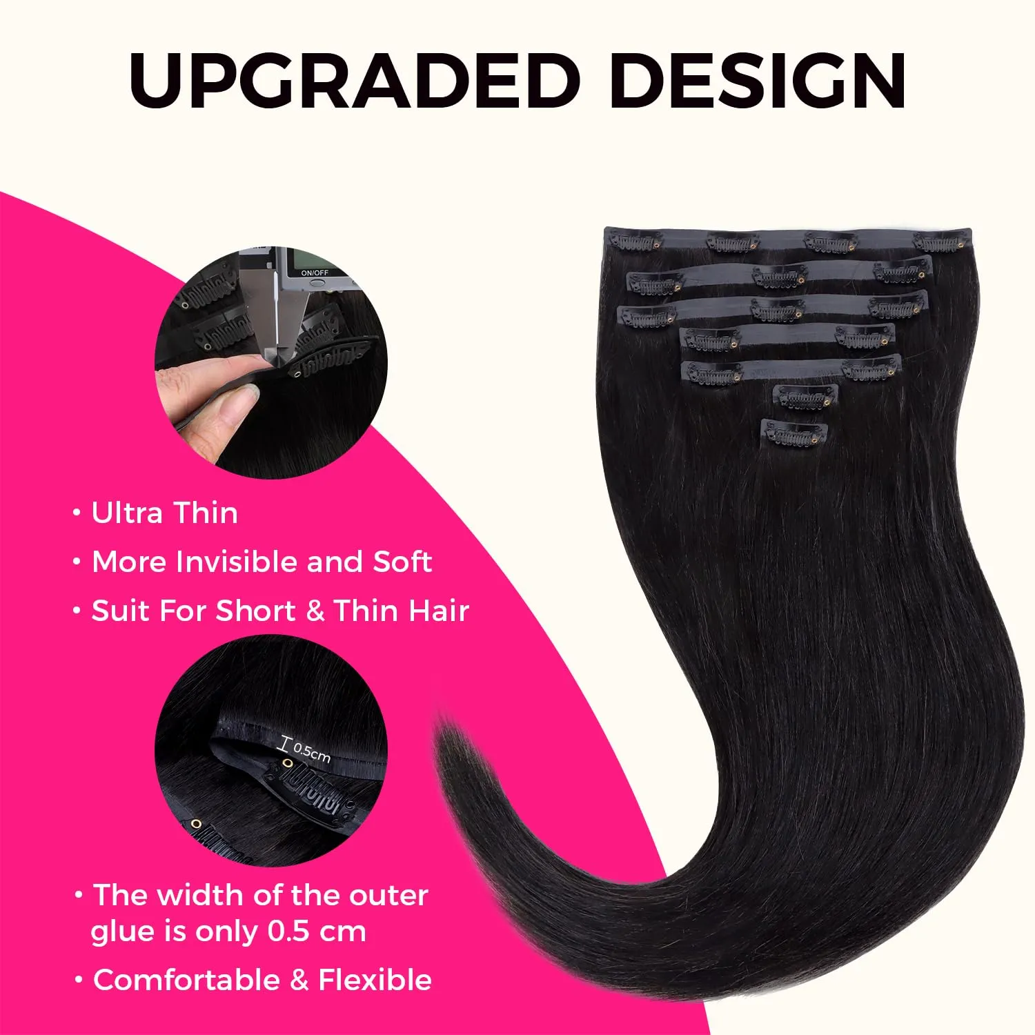 Lashey Seamless Clip in Hair Extensions Human Hair #1 Jet Black Light Yaki Straight Clip in Hair Extensions Real Human Hair 7pcs 110g 14 Inch PU Weft Natural Hair Extensions for Women
