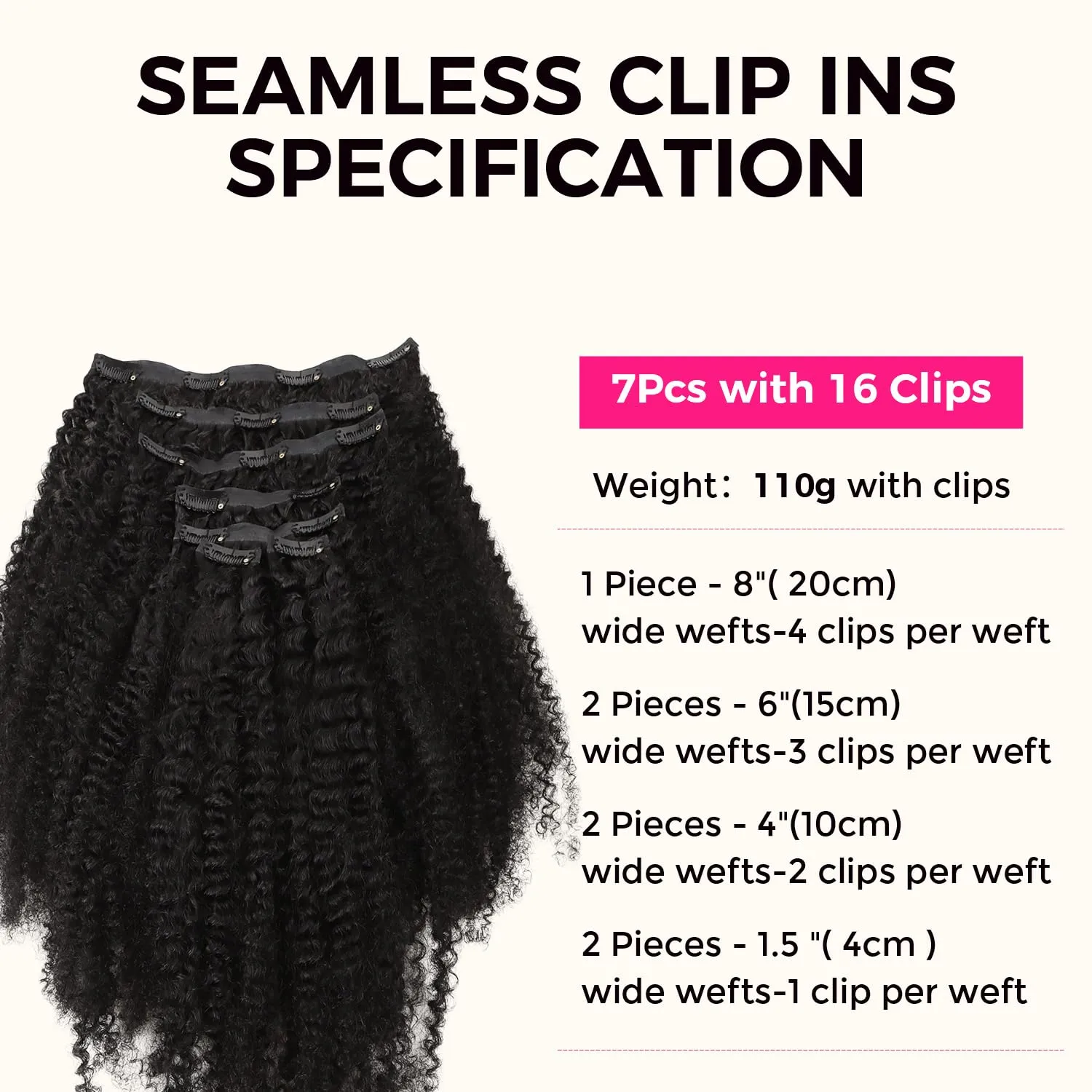 Lashey Seamless Clip in Hair Extensions Human Hair 18 Inch Afro Kinky Curly Clip in Hair Extensions Real Human Hair 110g 7pcs Natural Black Hair Extension Clips for Women