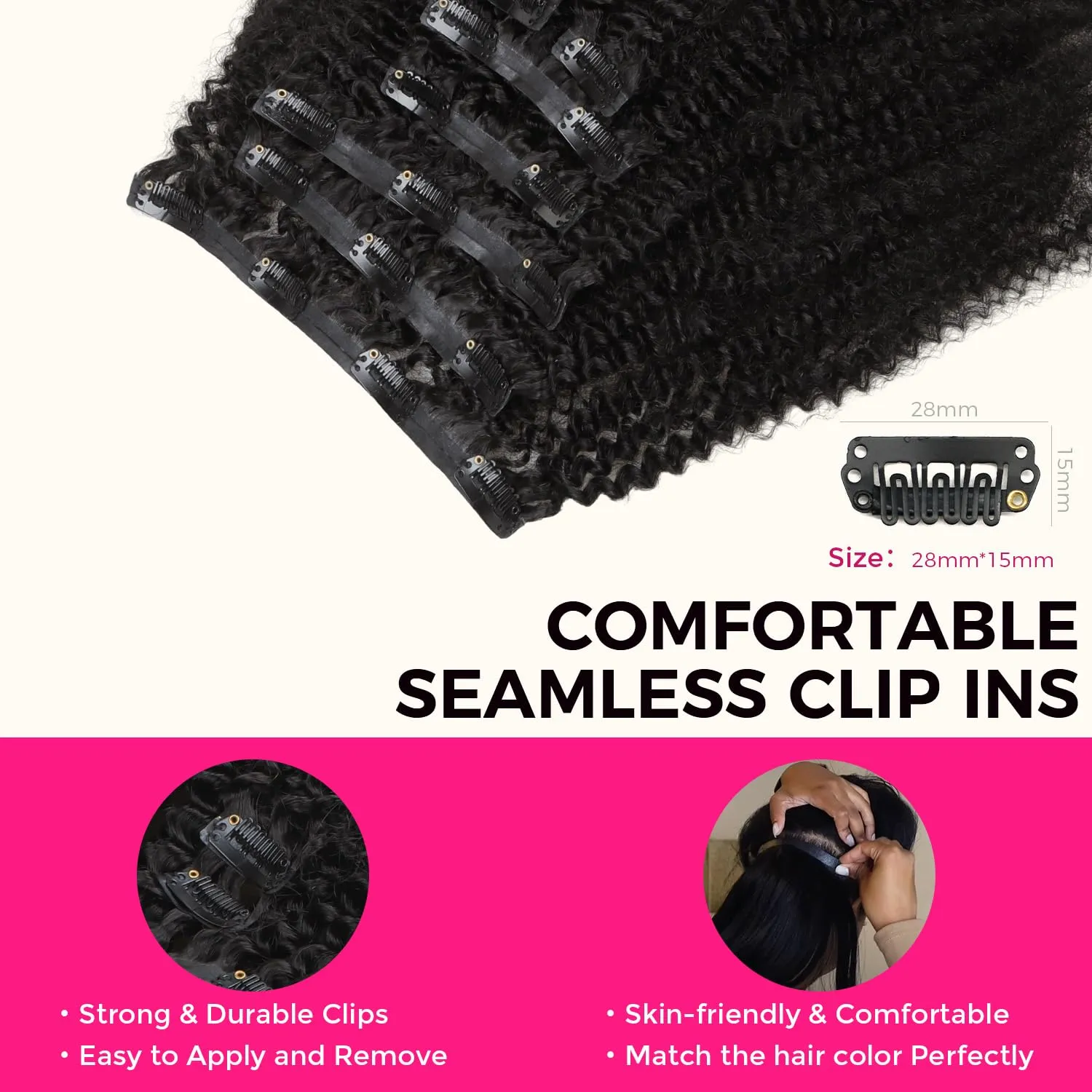 Lashey Seamless Clip in Hair Extensions Human Hair 18 Inch Afro Kinky Curly Clip in Hair Extensions Real Human Hair 110g 7pcs Natural Black Hair Extension Clips for Women