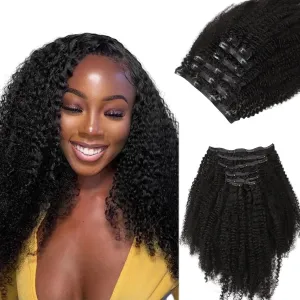 Lashey Seamless Clip in Hair Extensions Human Hair 18 Inch Afro Kinky Curly Clip in Hair Extensions Real Human Hair 110g 7pcs Natural Black Hair Extension Clips for Women