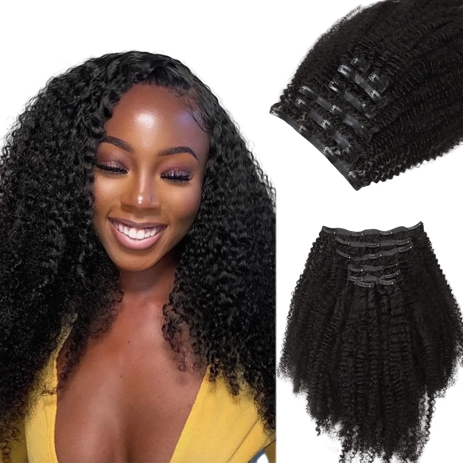 Lashey Seamless Clip in Hair Extensions Human Hair 18 Inch Afro Kinky Curly Clip in Hair Extensions Real Human Hair 110g 7pcs Natural Black Hair Extension Clips for Women