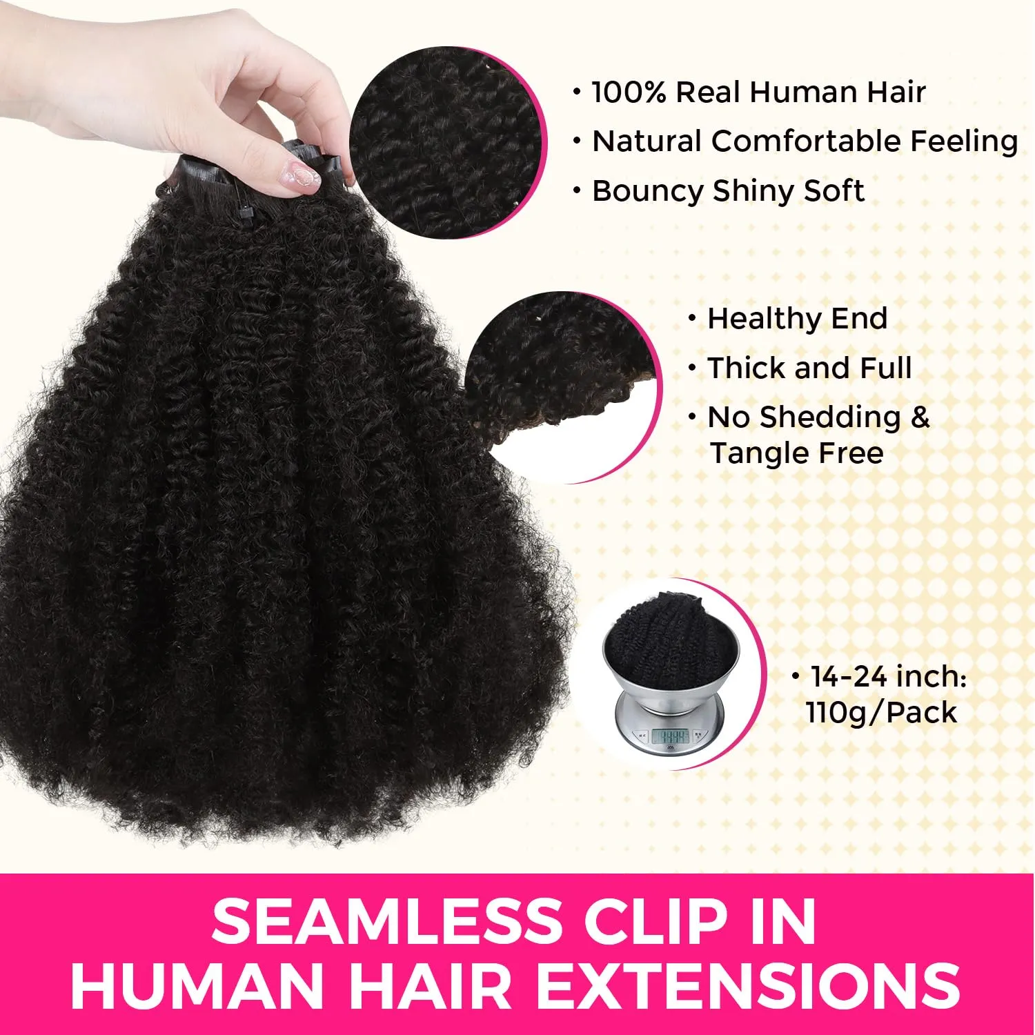 Lashey Seamless Clip in Hair Extensions Human Hair 18 Inch Afro Kinky Curly Clip in Hair Extensions Real Human Hair 110g 7pcs Natural Black Hair Extension Clips for Women