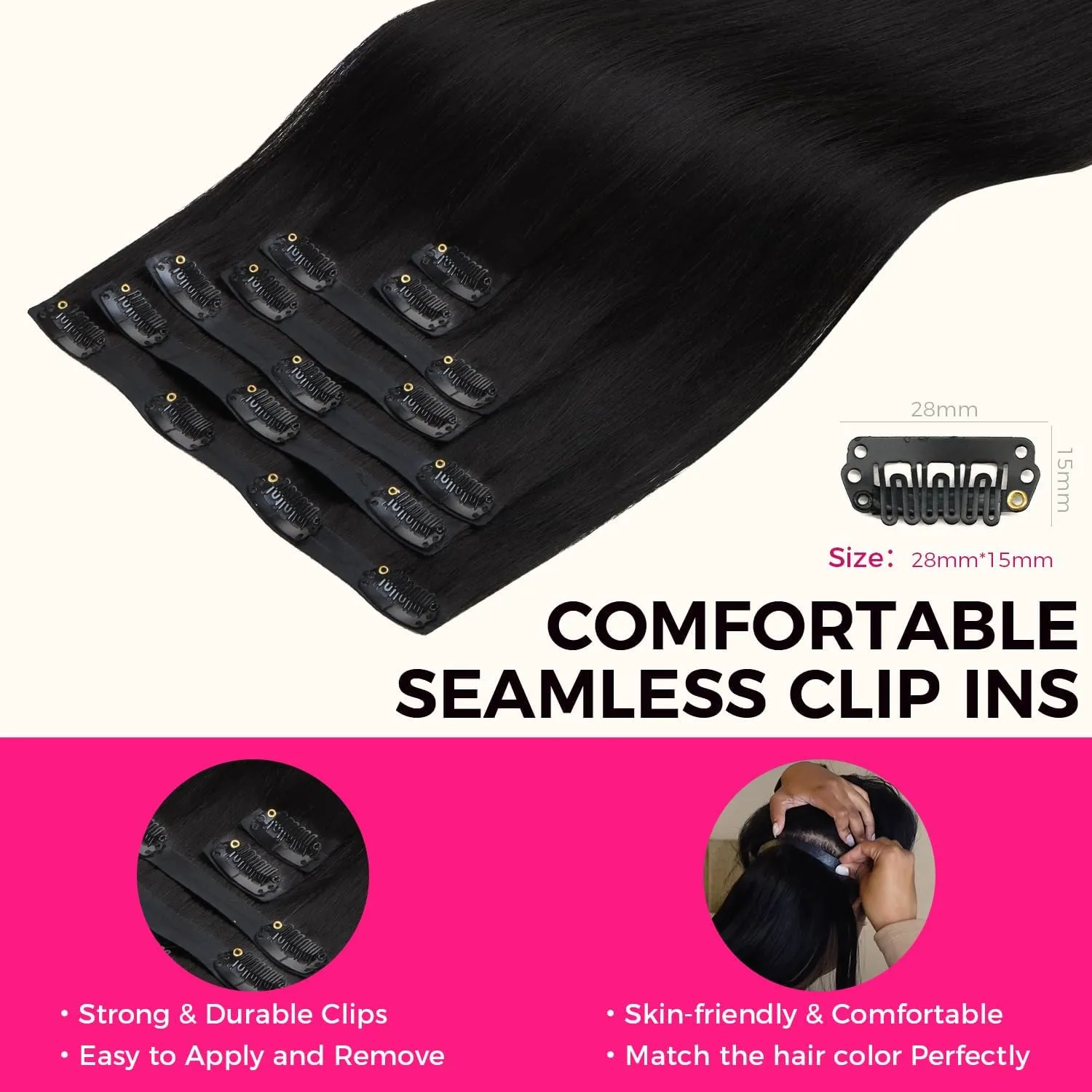 Lashey Seamless Clip in Hair Extensions Human Hair 7pcs 110g Light Yaki Straight #1 Jet Black 18 Inch Clip in Hair Extensions for Women