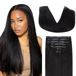 Lashey Seamless Clip in Hair Extensions Human Hair 7pcs 110g Light Yaki Straight #1 Jet Black 18 Inch Clip in Hair Extensions for Women