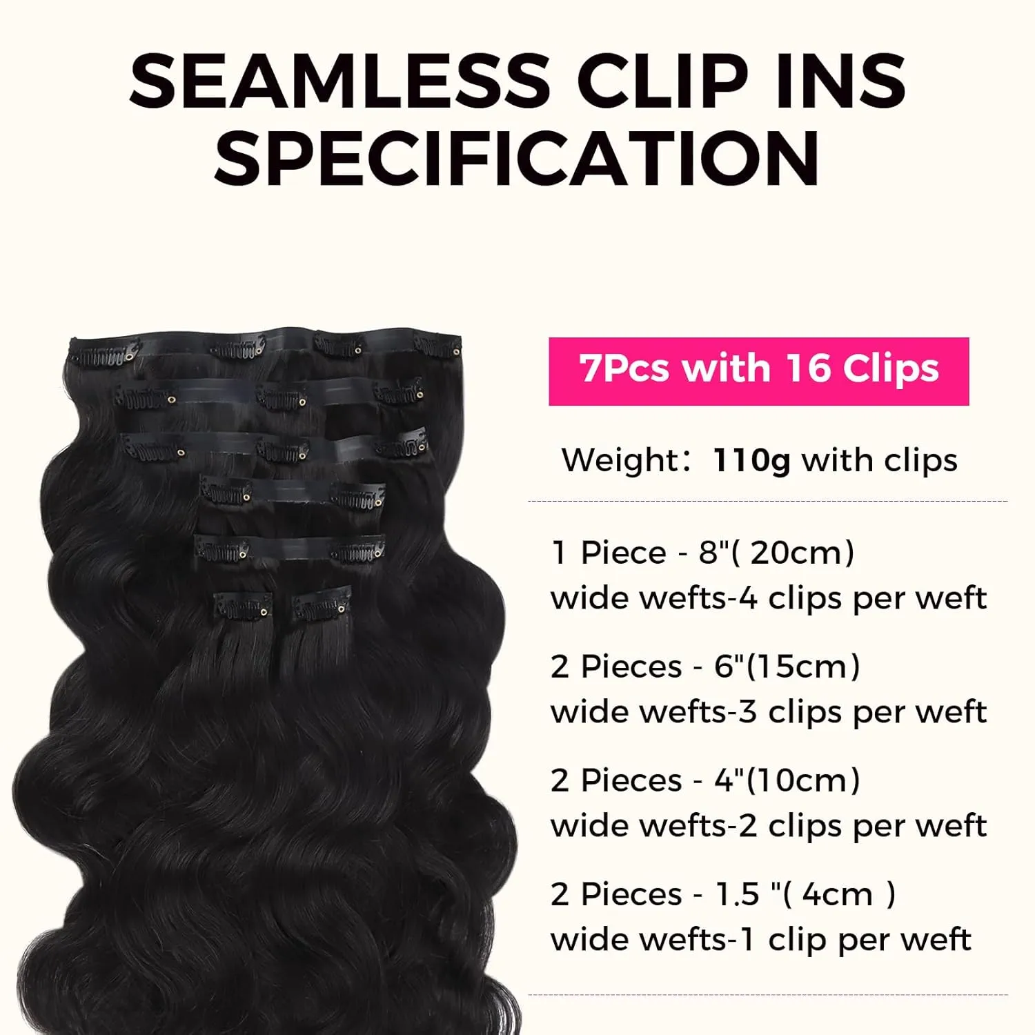 Lashey Seamless Clip in Human Hair Extensions - #1 Jet Black Body Wave 14 Inch PU Weft - 7pcs 110g Natural Real Hair for Women
