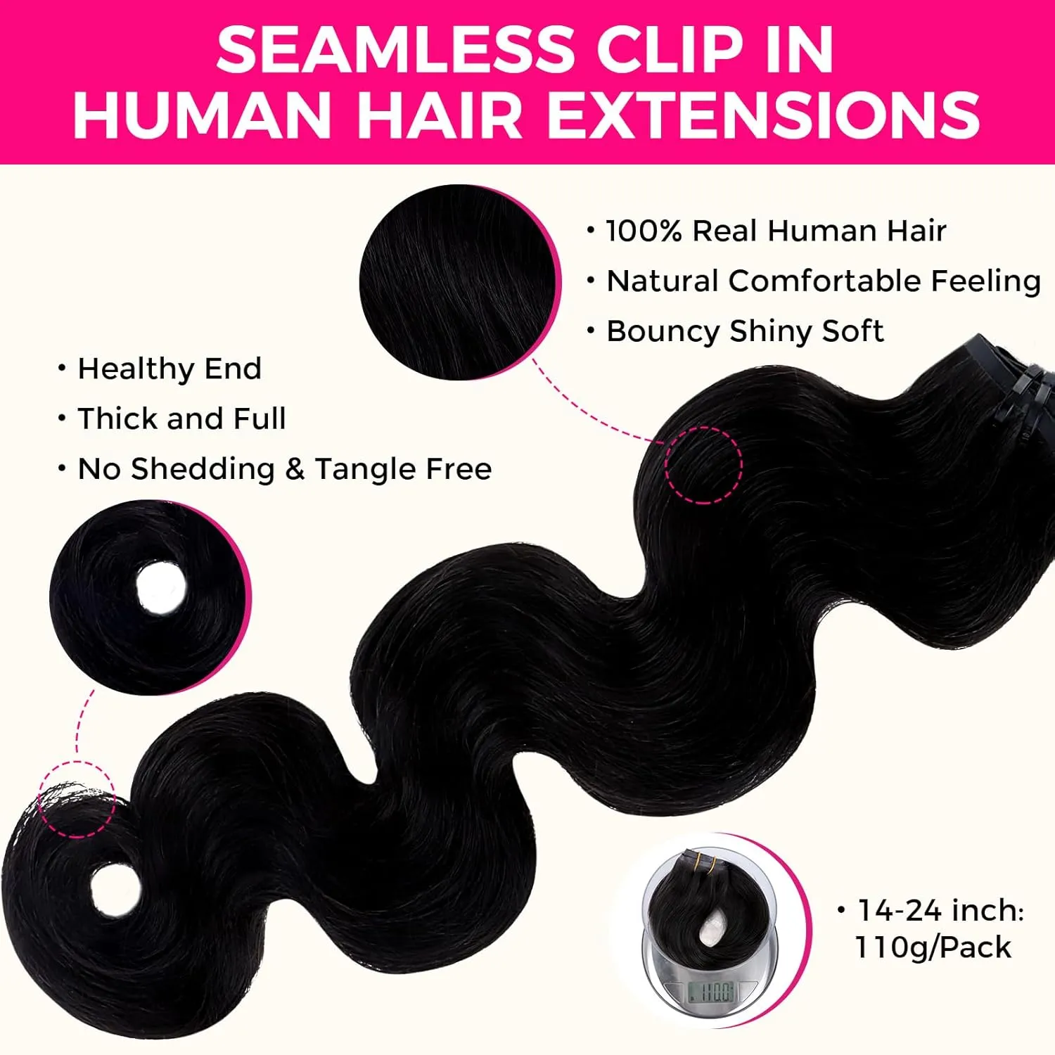 Lashey Seamless Clip in Human Hair Extensions - #1 Jet Black Body Wave 14 Inch PU Weft - 7pcs 110g Natural Real Hair for Women