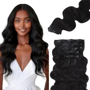 Lashey Seamless Clip in Human Hair Extensions - #1 Jet Black Body Wave 14 Inch PU Weft - 7pcs 110g Natural Real Hair for Women