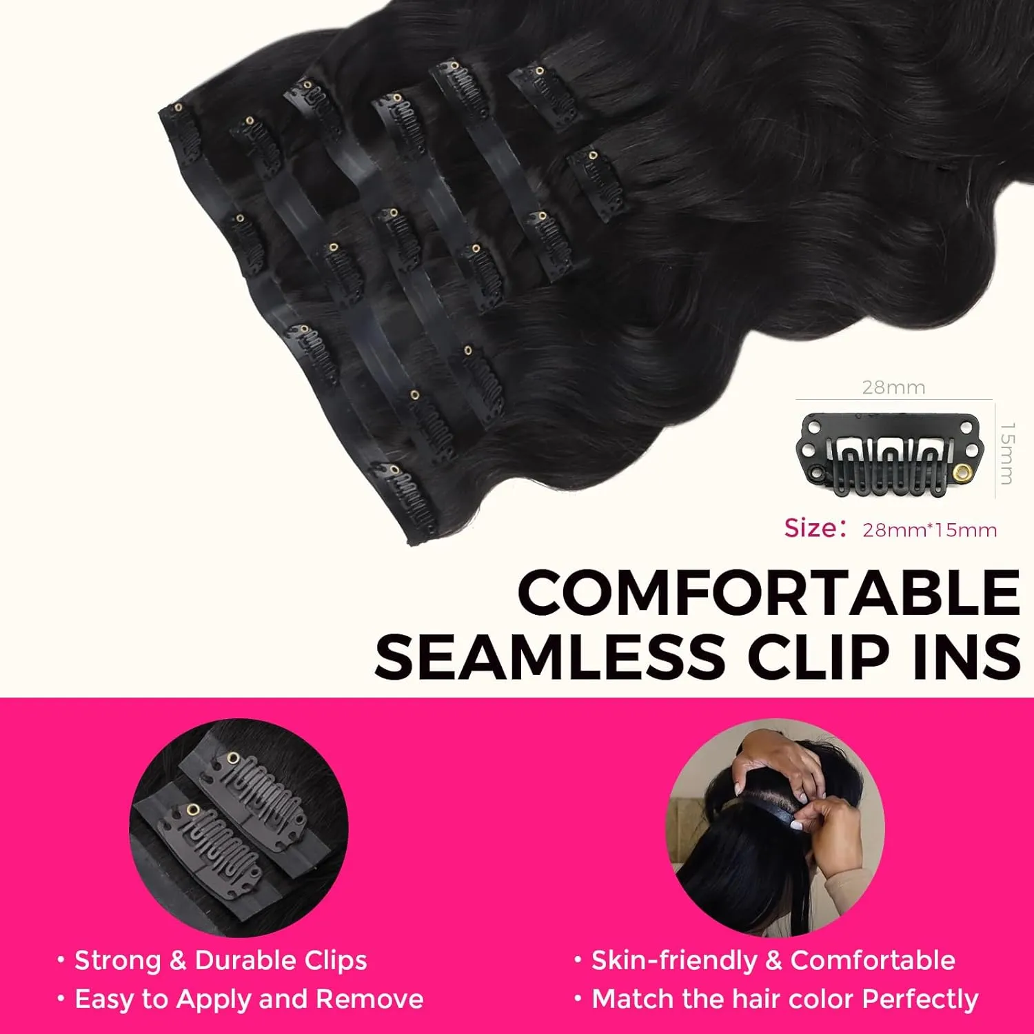Lashey Seamless Clip in Human Hair Extensions - #1 Jet Black Body Wave 14 Inch PU Weft - 7pcs 110g Natural Real Hair for Women