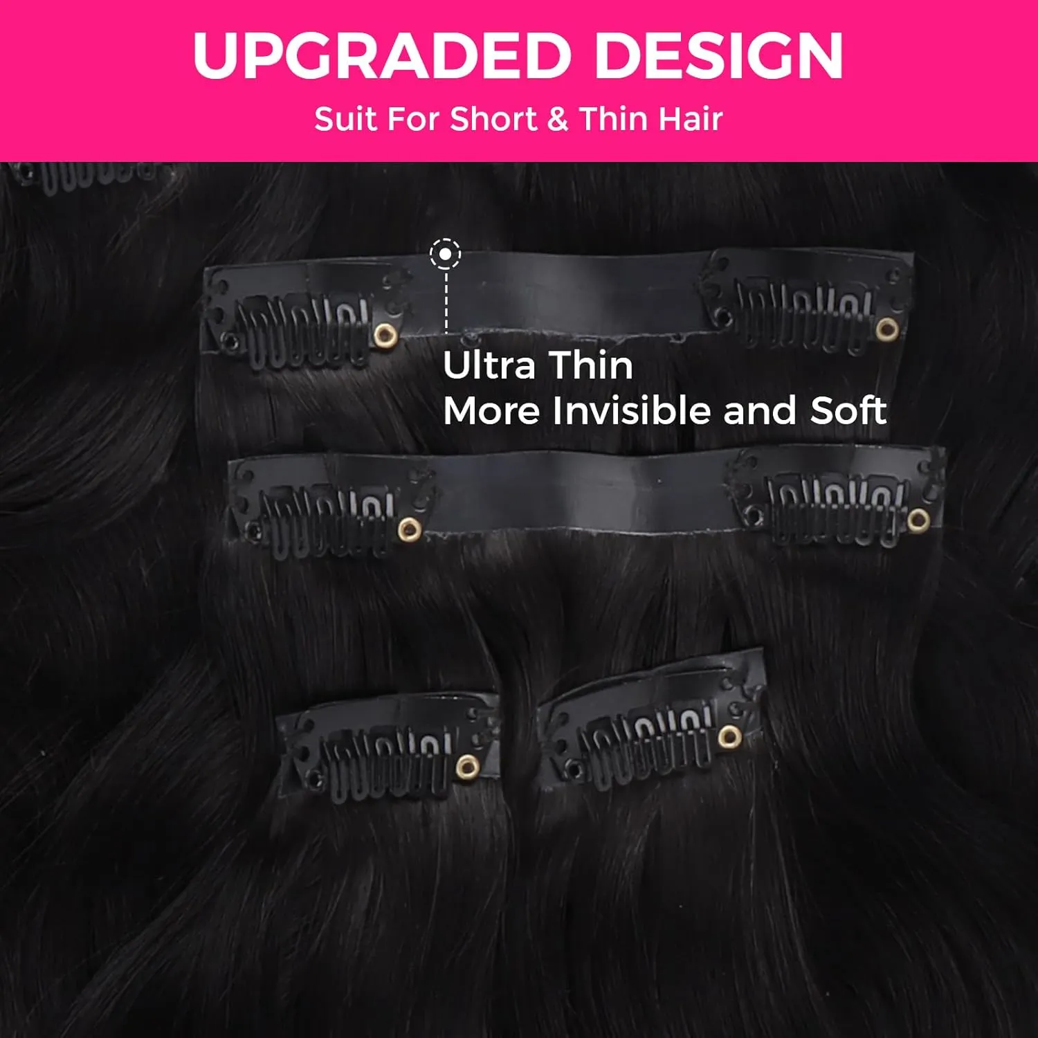 Lashey Seamless Clip in Human Hair Extensions - #1 Jet Black Body Wave 14 Inch PU Weft - 7pcs 110g Natural Real Hair for Women