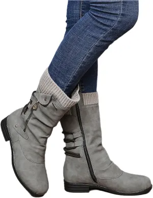 Lausiuoe Winter Boots For Women 2022 Trendy Mid Calf Side Zip Low Heel Western Platform Hiking Booties Warm Non Slip Outdoor Shoe